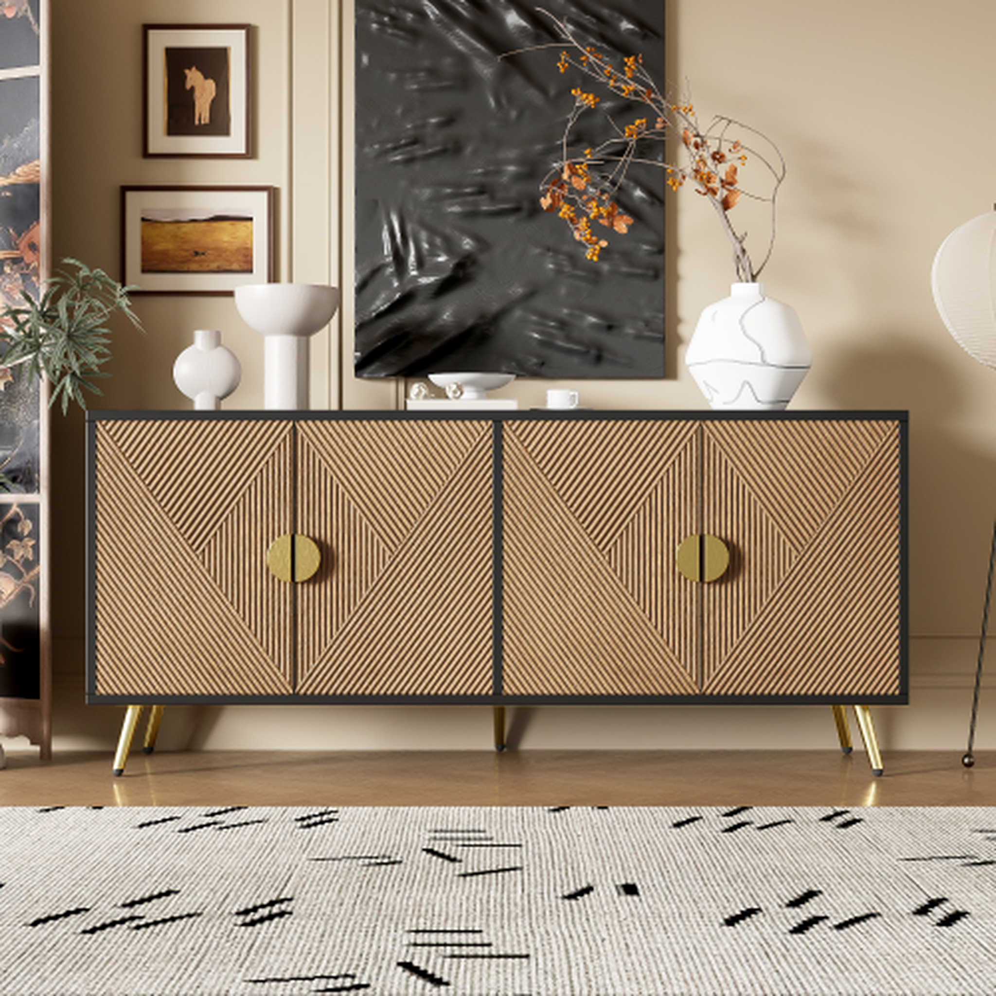 Voir la diapositive 4 : MERAX Buffet 4 porte(s) 0 tiroir(s) - 160 cm noir+naturel mdf