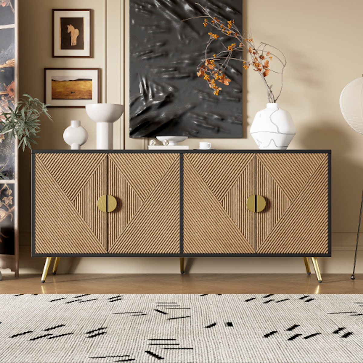 MERAX Buffet 4 porte(s) 0 tiroir(s) - 160 cm noir+naturel mdf