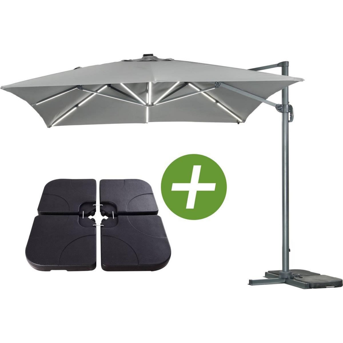 Habitat et Jardin Parasol jardin déporté LED Alu  Sun 3 Luxe  - Carré - 3 x 3 m - Coloris gris - Dalles lestées incluses