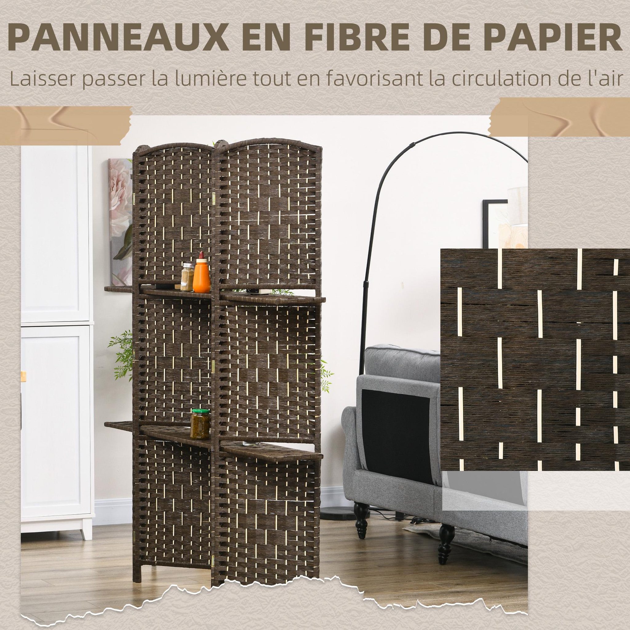 Voir la diapositive 6 : HOMCOM Paravent séparateur de pièce 4 panneaux pliables dim. 160L x 170H cm - 2 étagères - bois fibre papier brun