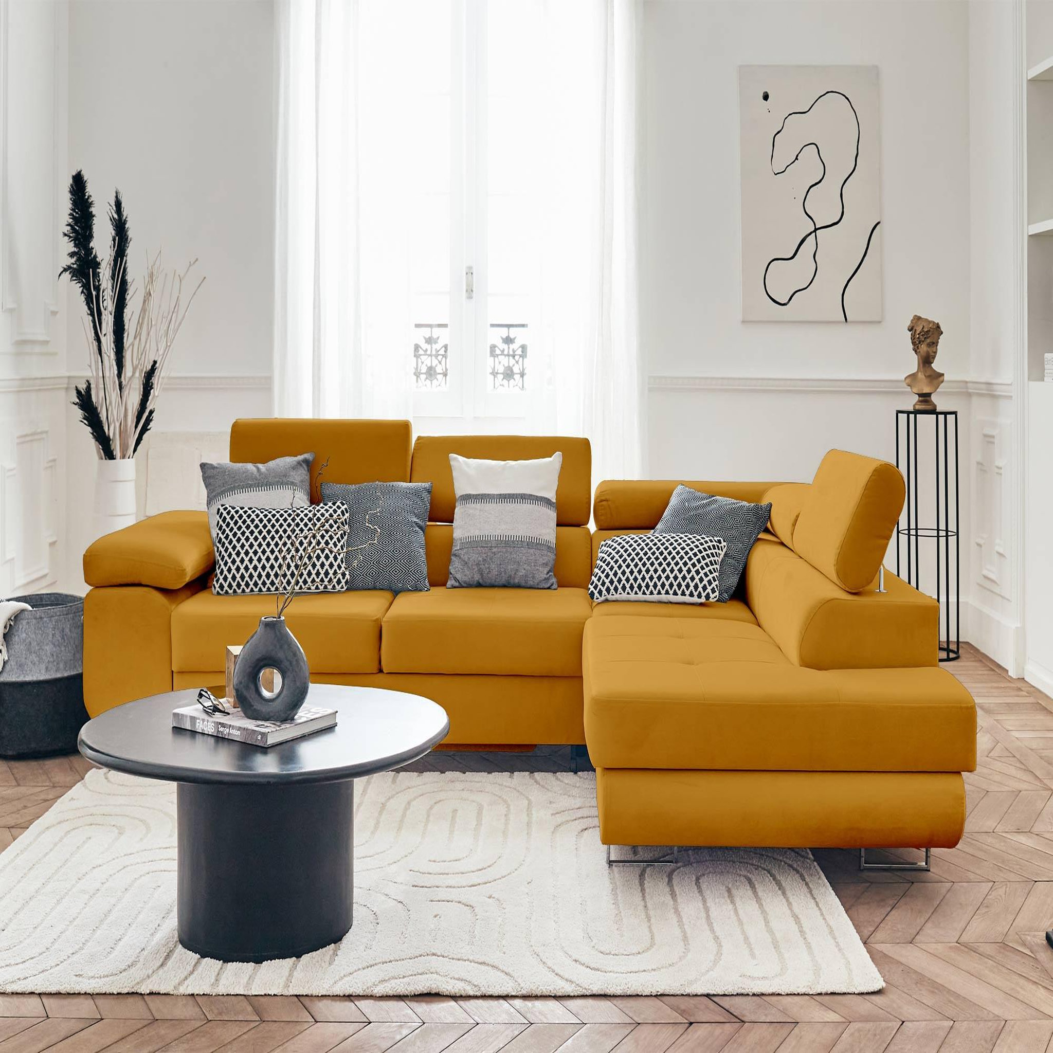 Voir la diapositive 4 : BEST MOBILIER Pablo - canapé d'angle droit - 5 places - convertible avec coffre et têtières réglables - en velours