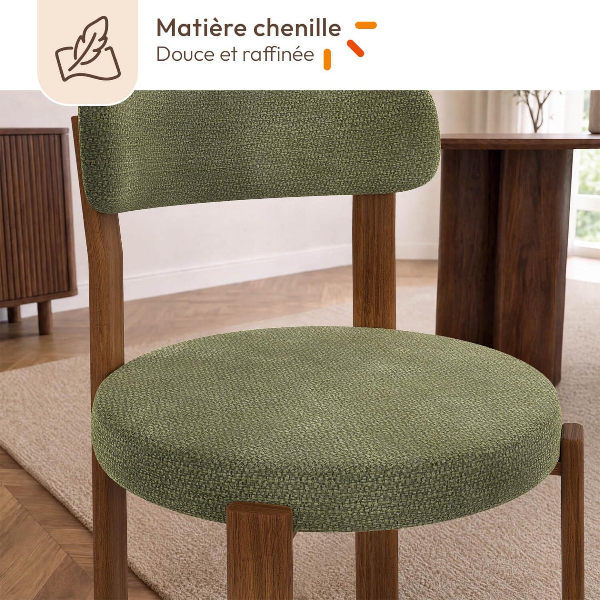 Voir la diapositive 4 : ID MARKET Lot de 4 chaises nella en tissu chenille verte pieds noyer pour salle à manger