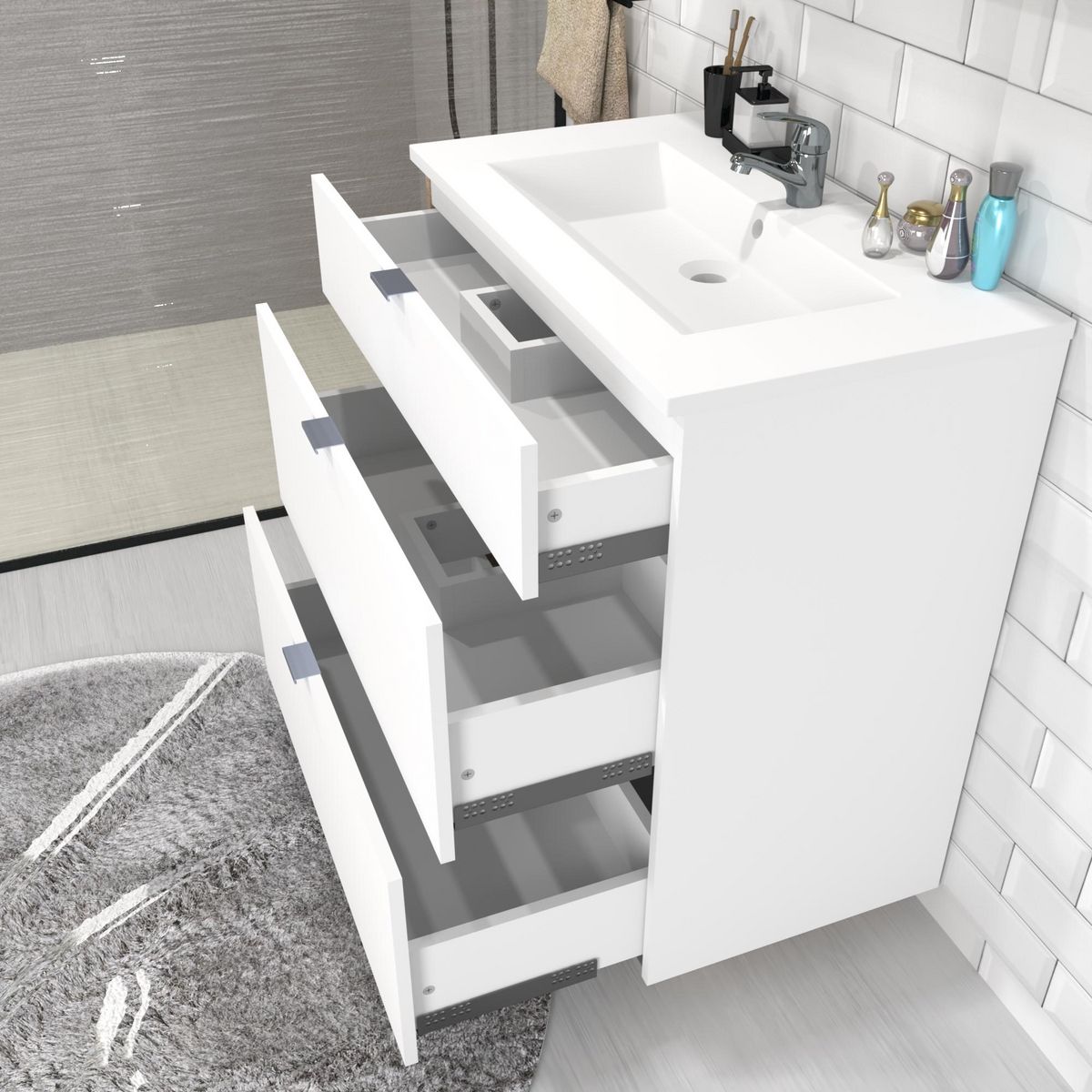Ensemble de salle de bain meuble sous vasque 3 tiroirs + vasque + miroir FARO