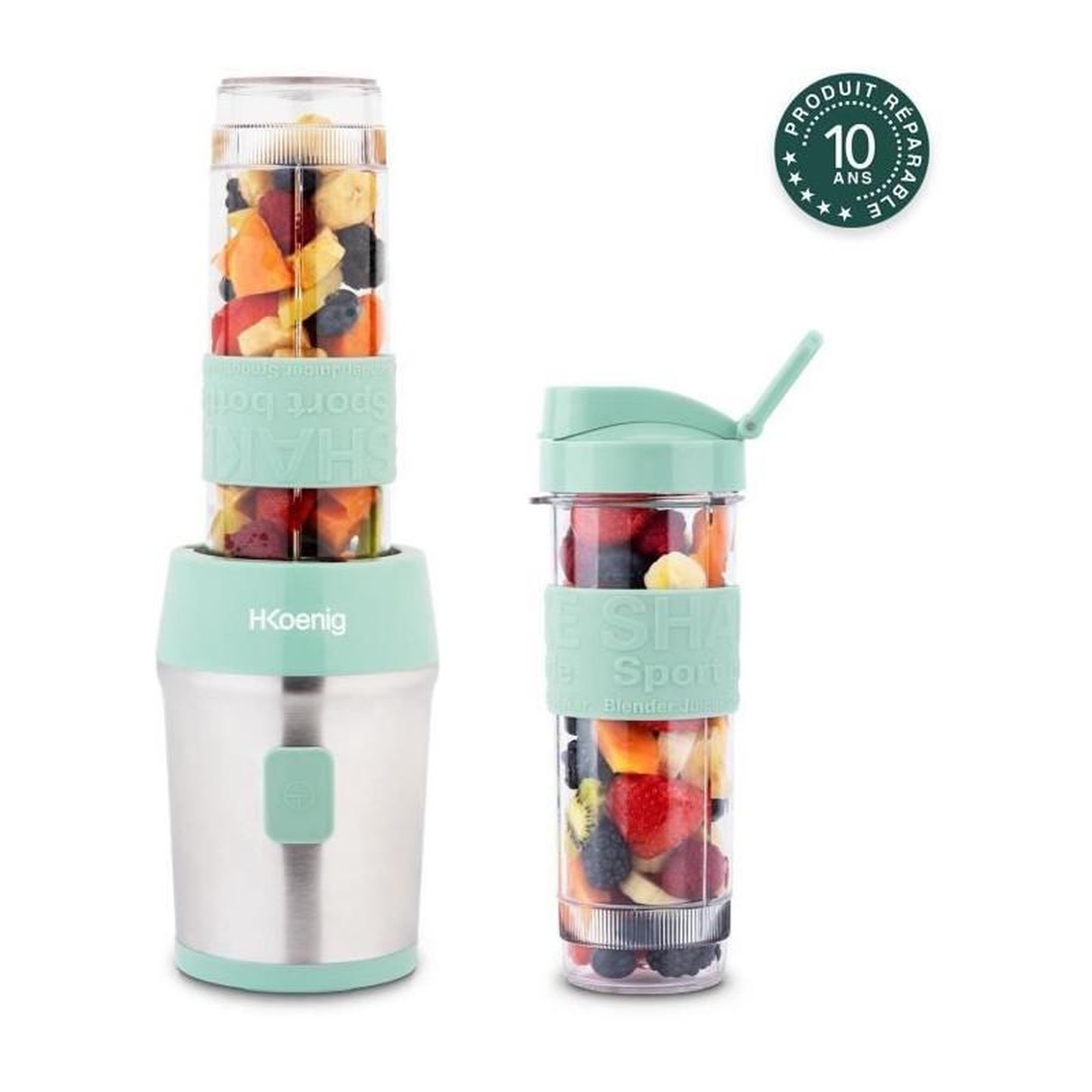 Voir la diapositive 3 : HKOENIG Mini blender - SMOO18 - 300 W - 570 mL - Vert pastel - 2 gourdes incluses