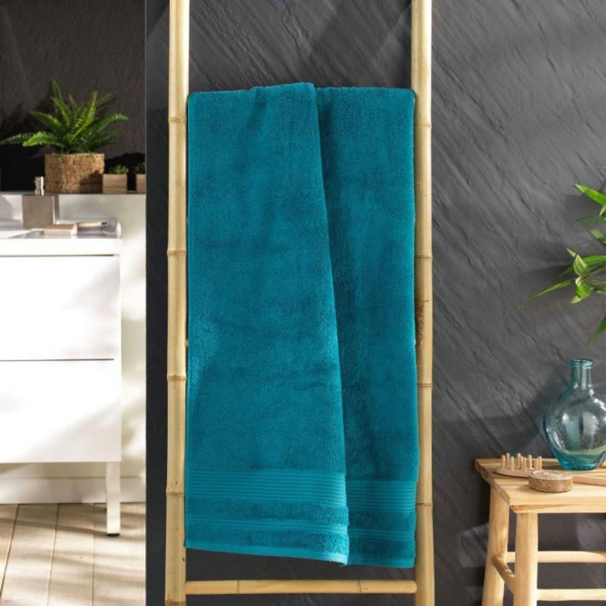 Paris Prix Drap de Douche  Tendresse  70x130cm Bleu Paon