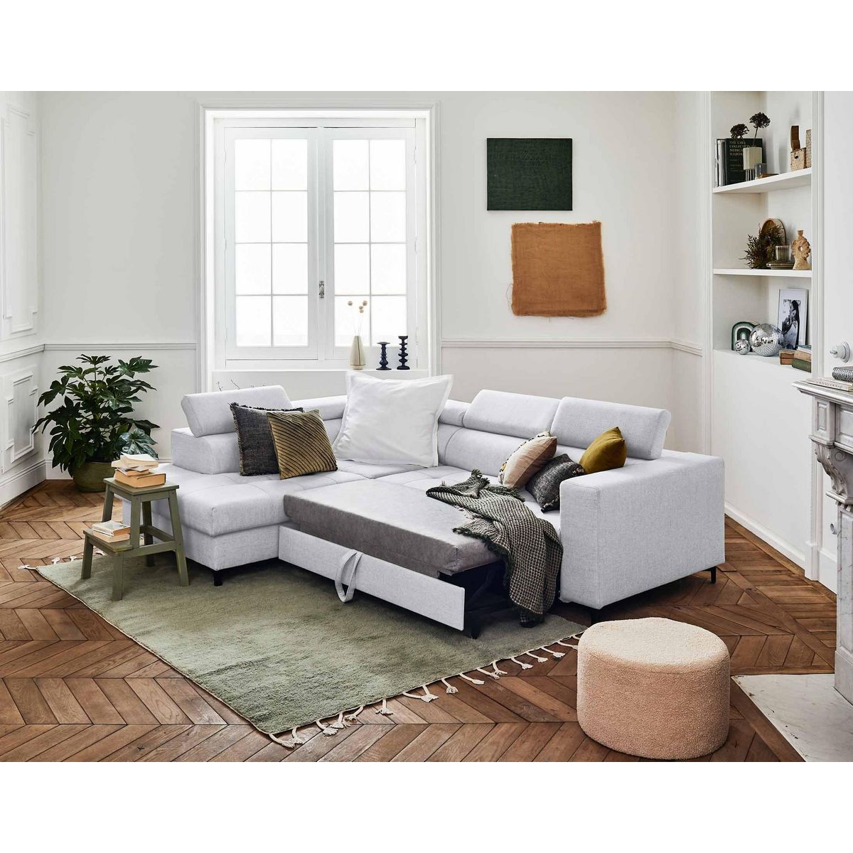 LISA DESIGN Olinda - canapé d'angle gauche - 5 places - convertible avec coffre et têtières réglables - en tissu