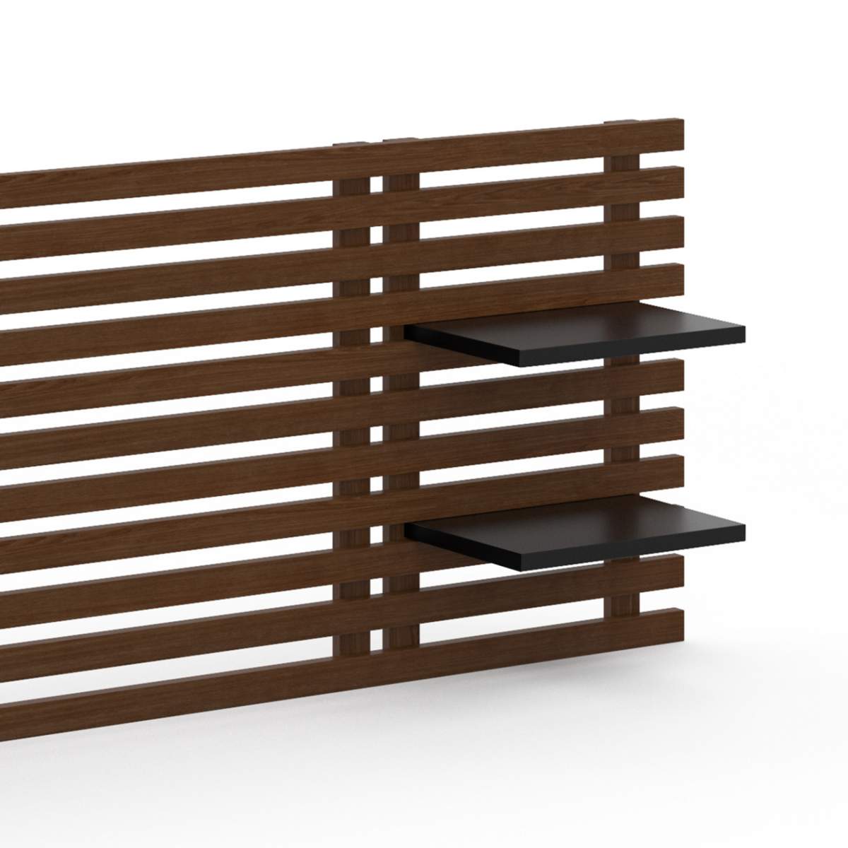 ID MARKET Tête de lit suspendue en lattes AVA 240 cm bois vieilli et étagères noires