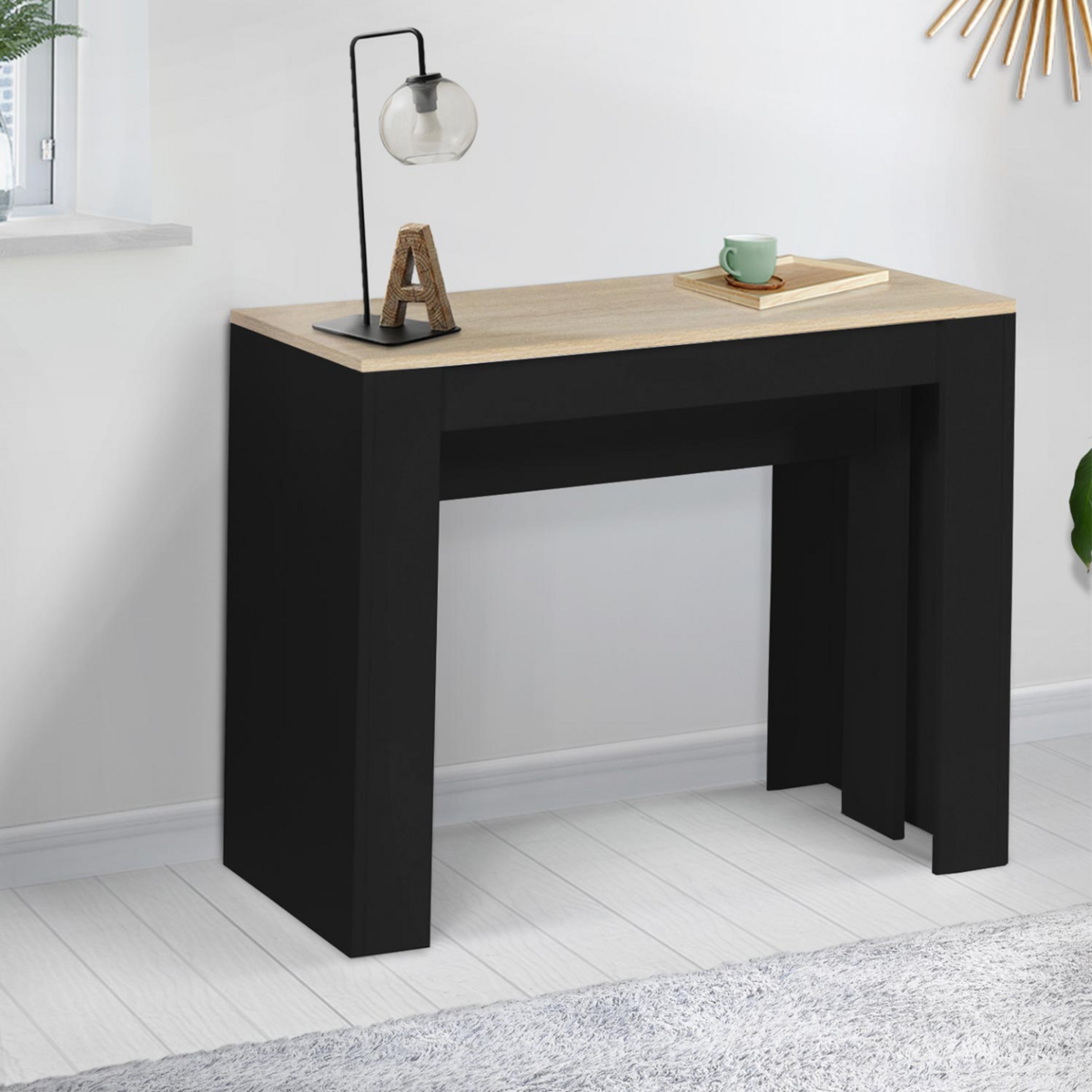 ID MARKET Table console extensible ORLANDO 10 personnes 235 cm bois noir et façon hêtre