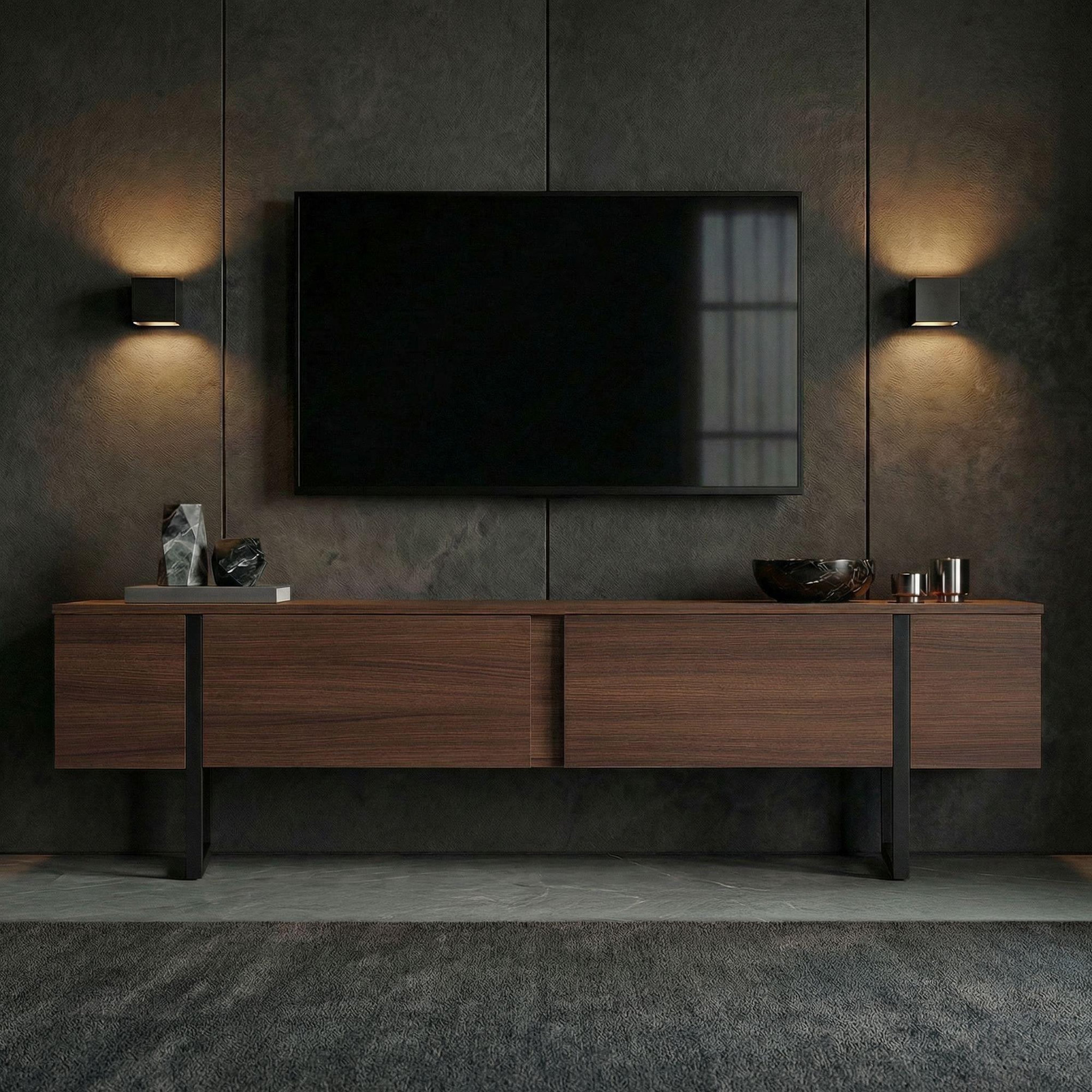 Voir la diapositive 3 : Habitat et Jardin Meuble tv en bois  onera  - 180 x 30 x 50 cm - noyer / noir