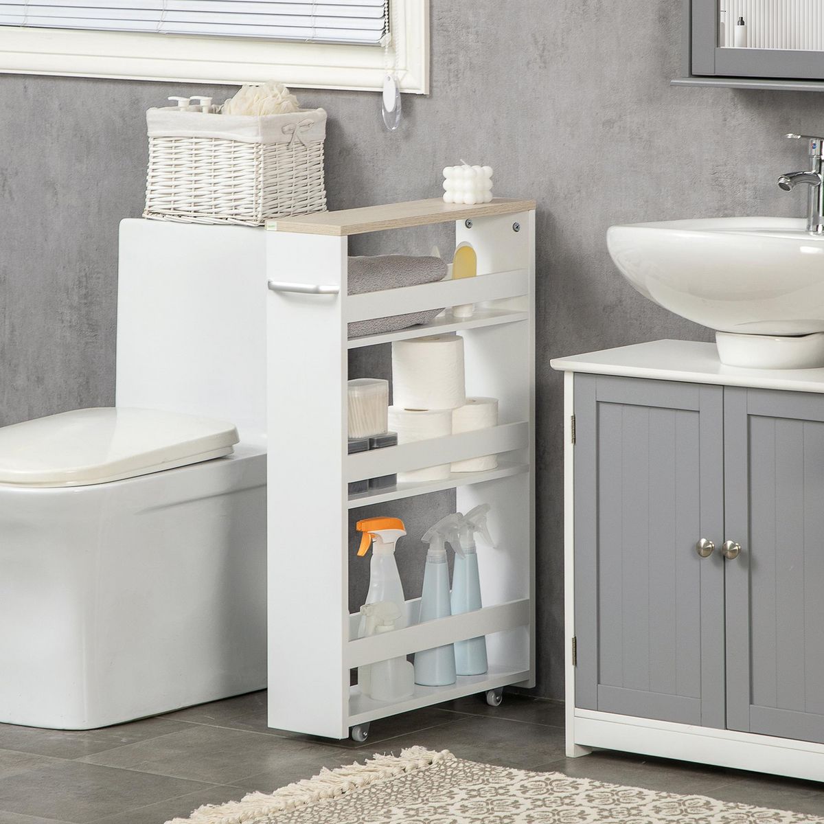 KLEANKIN Meuble bas colonne rangement salle de bain à roulettes 3 niveaux dim. 48L x 15l x 80H cm MDF panneaux blanc aspect chêne clair