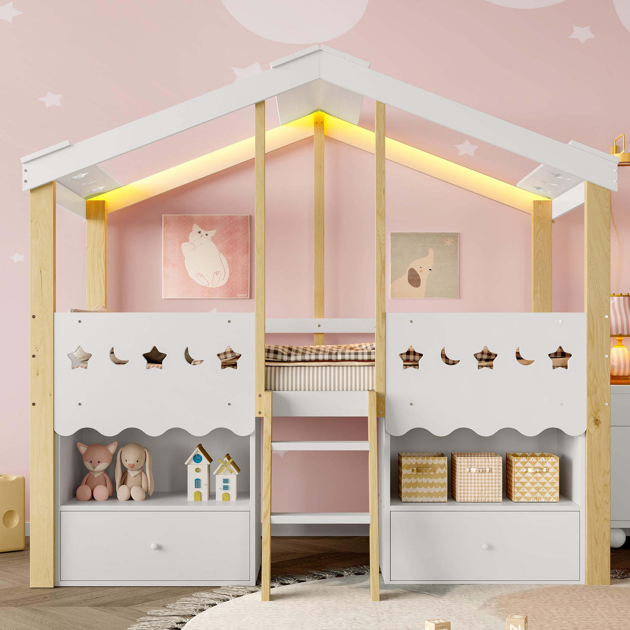 Voir la diapositive 2 : MERAX Lit enfant mi hauteur 90x200cm coloris naturel+blanc led bois massif