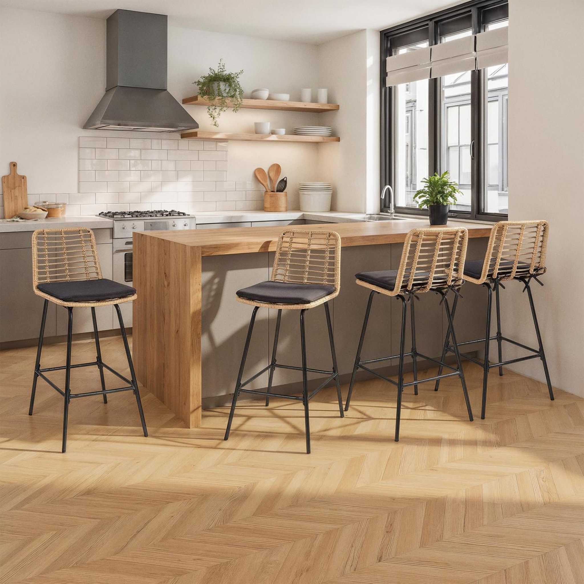 Voir la diapositive 2 : ID MARKET Lot de 4 tabourets de bar summer effet rotin pied métal noir