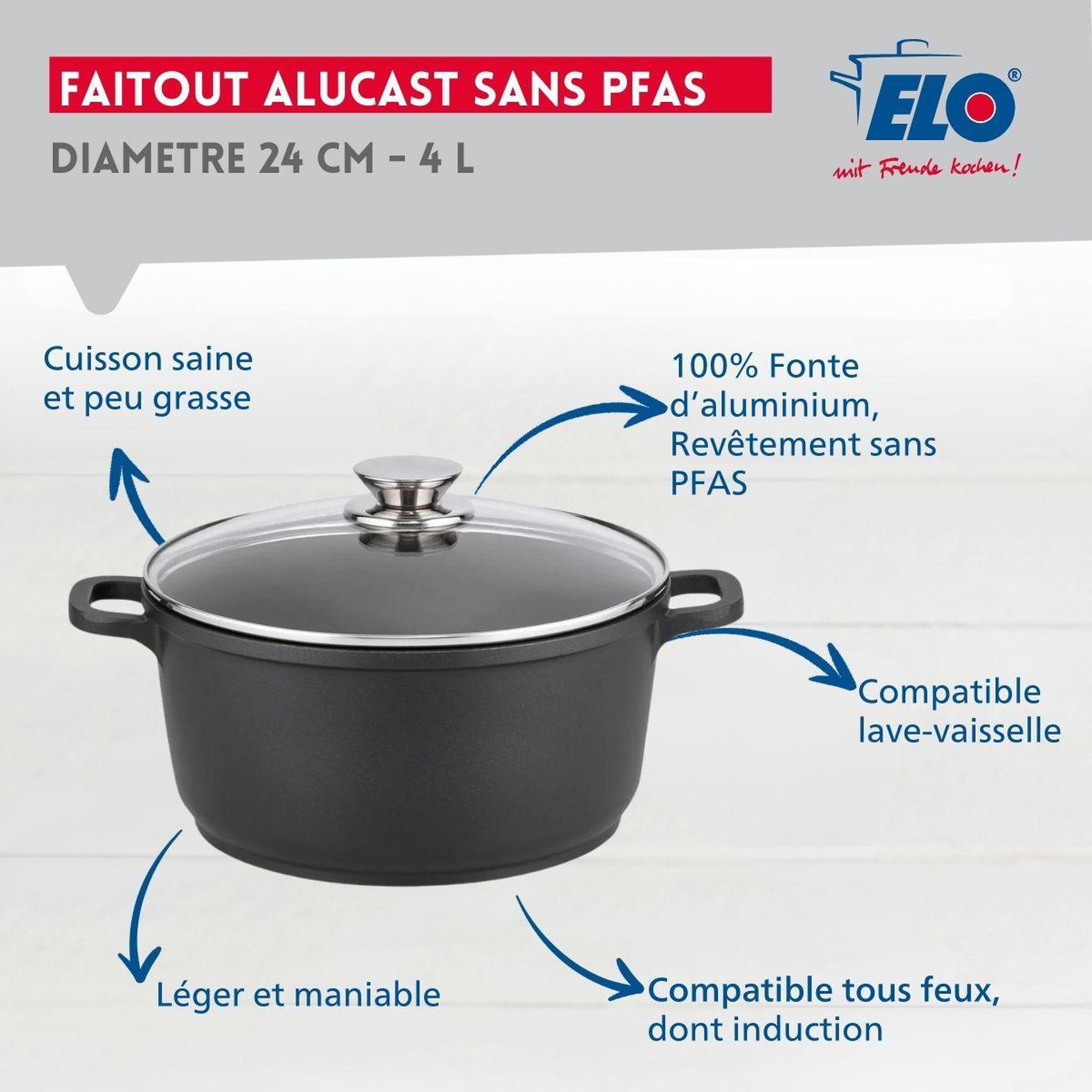 Voir la diapositive 3 : ELO Faitout 24 cm sans pfas elo alucast