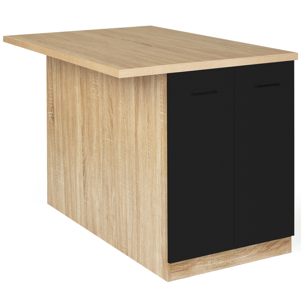 ID MARKET Ilot central IVO 120 cm bois façon hêtre portes noires avec plan de travail