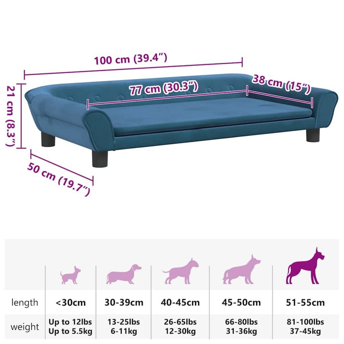 VIDAXL Lit pour chien bleu 100x50x21 cm velours