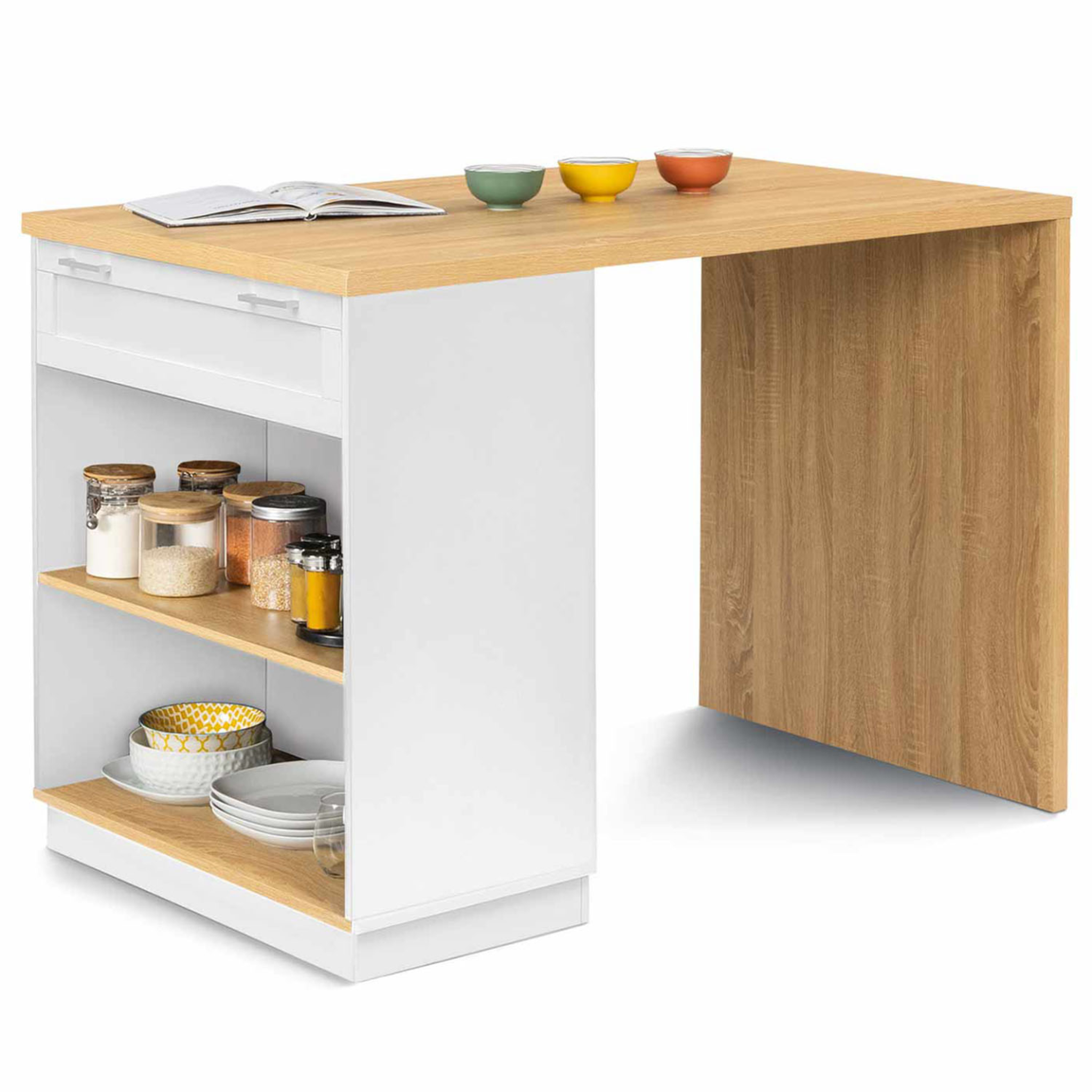 ID MARKET Ilot central mange debout 4 personnes vito 130 cm blanc et plateau bois