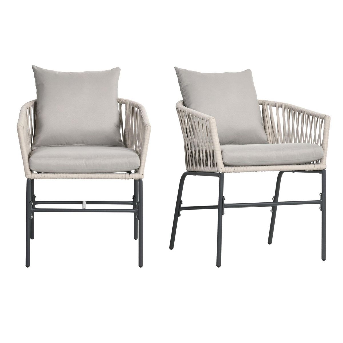 OUTSUNNY Lot de 2 fauteuils de jardin avec coussins métal cordes PE noir gris