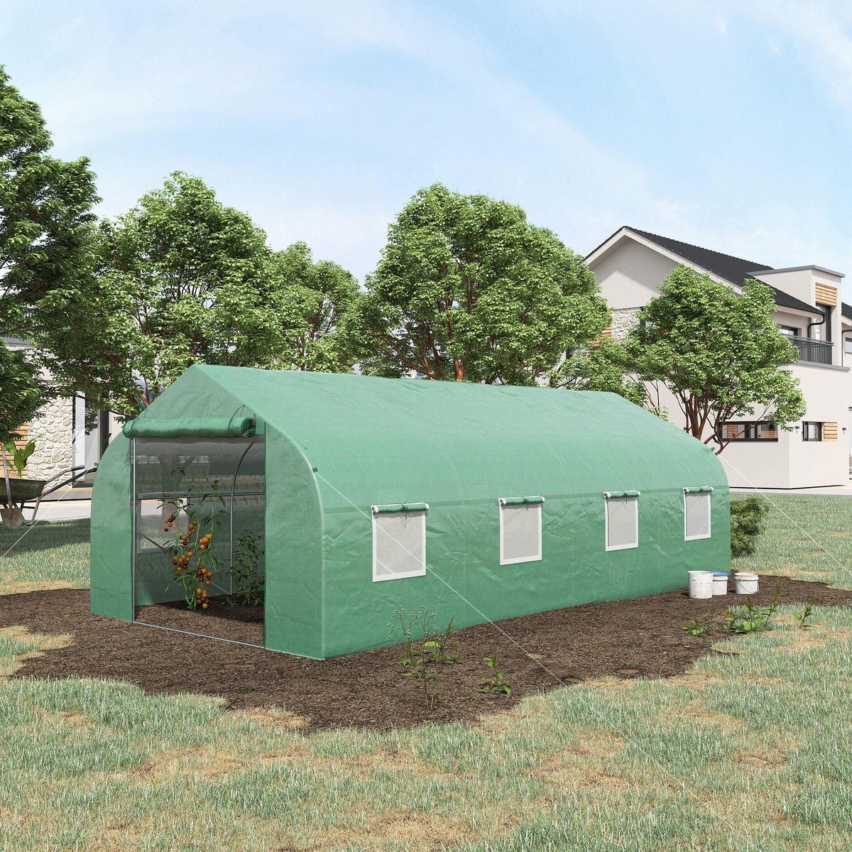 OUTSUNNY Serre tunnel grande taille 17,85 m² châssis tubulaire acier galvanisé renforcé 2,4 cm 8 fenêtres 1 porte vert