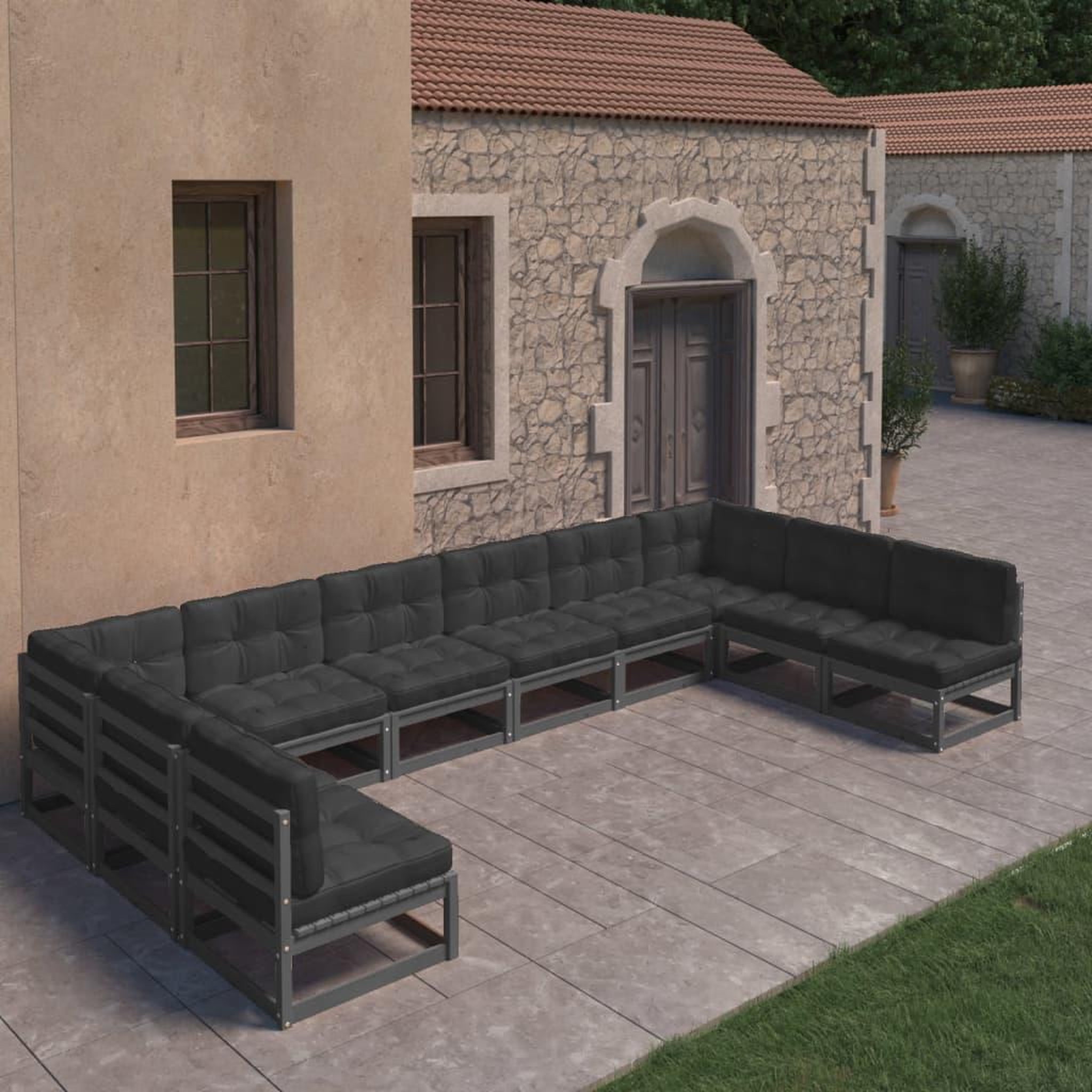 Voir la diapositive 1 : VIDAXL Salon de jardin 10 pcs avec coussins Noir Bois de pin massif