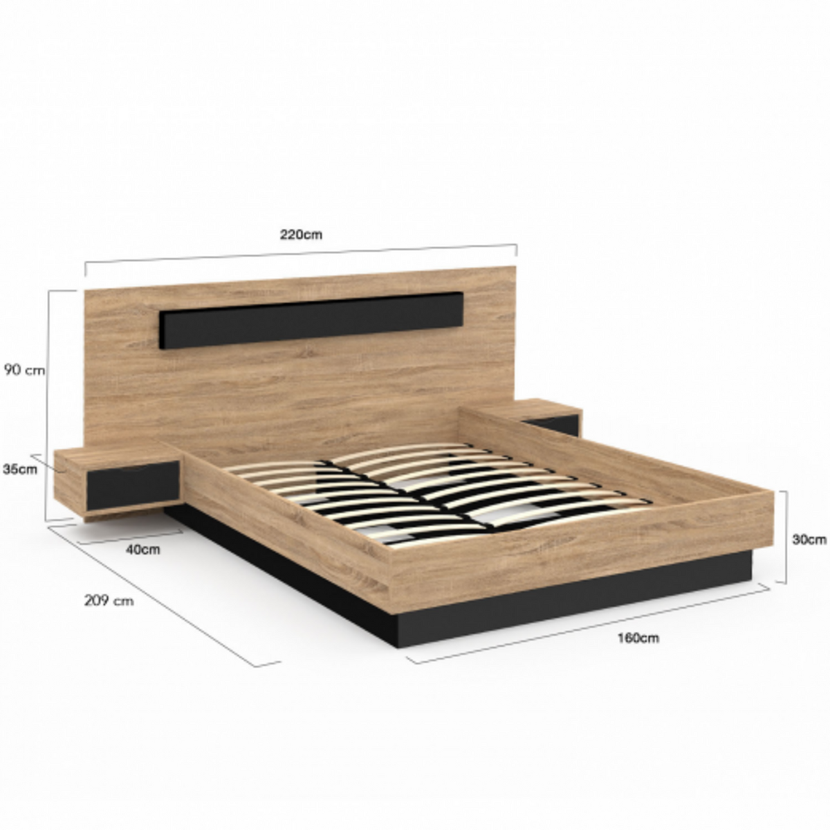 ID MARKET Lit double SANTA avec tête de lit + tables de chevet intégrées et sommier 160 x 200 cm bois et noir