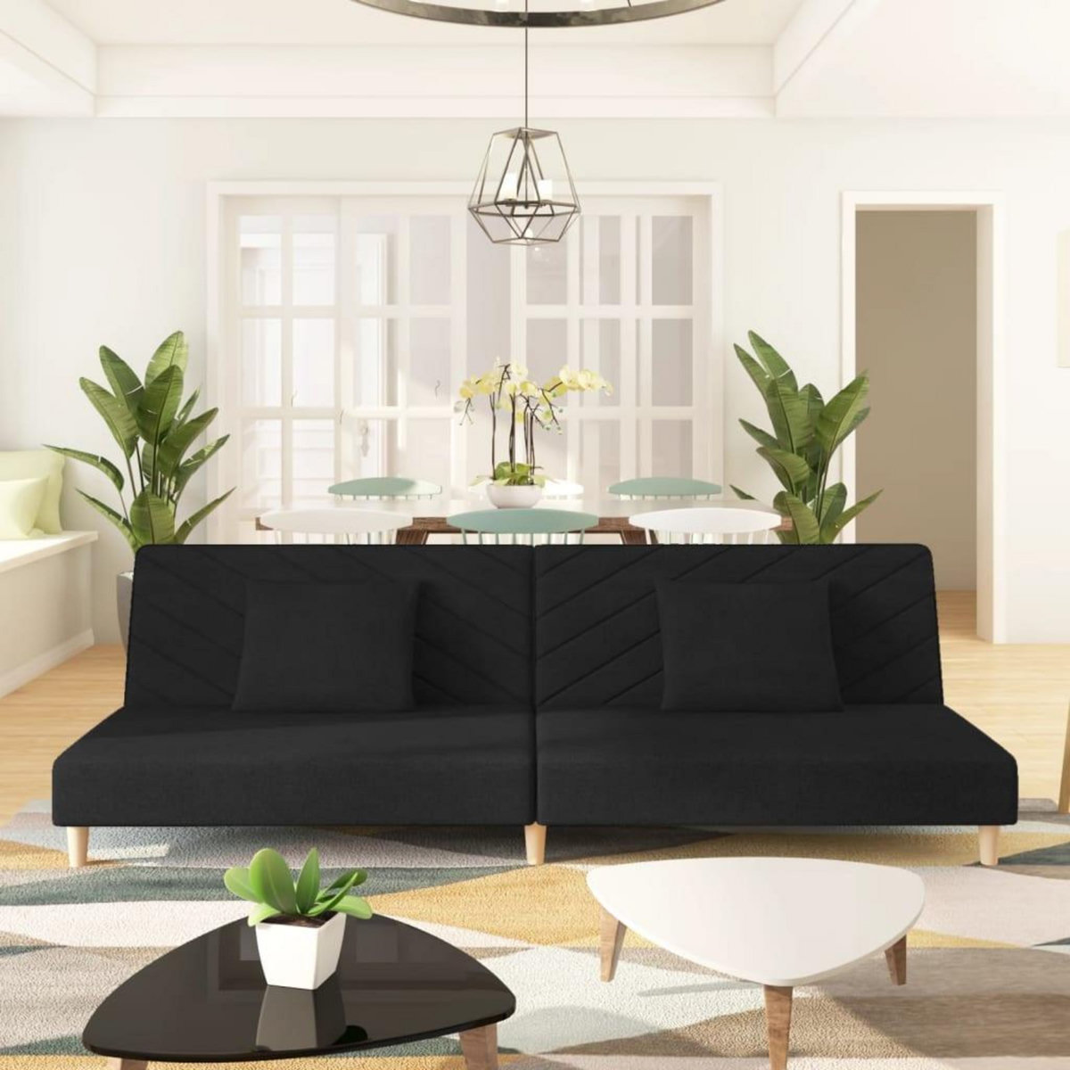 VIDAXL Canape-lit a 2 places avec deux oreillers noir tissu