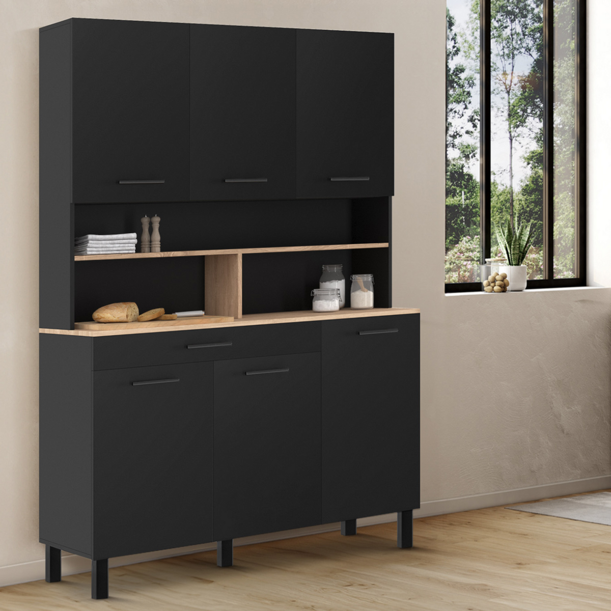 ID MARKET Buffet de cuisine 120 cm CINA 6 portes + tiroir noir et plateaux façon hêtre