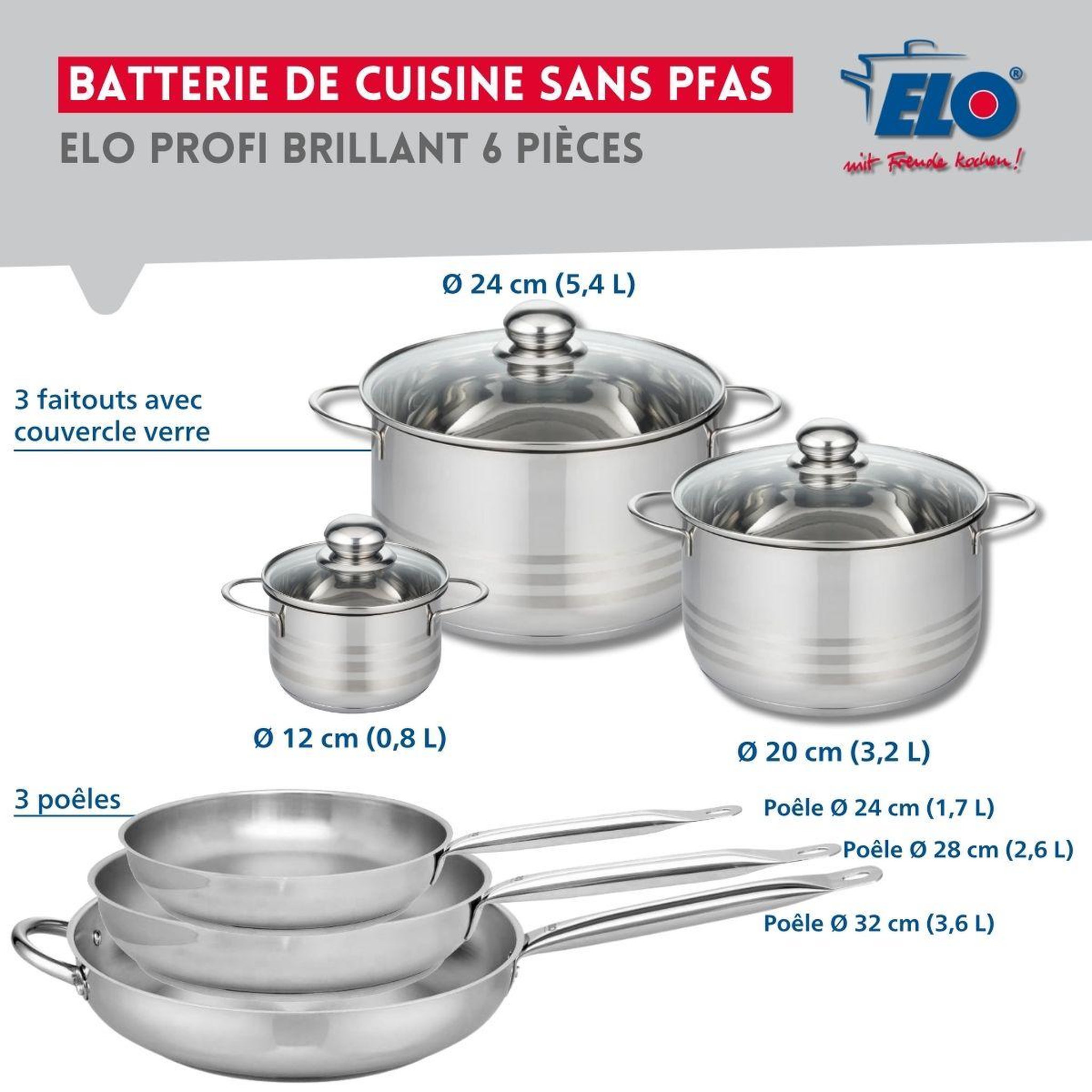 Voir la diapositive 2 : ELO Ensemble de 3 Poêles de cuisson 24, 28 et 32 cm et 3 faitouts 12, 20 et 24 cm Elo Profi Brillant