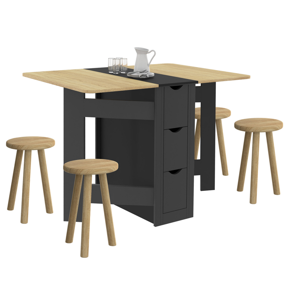 ID MARKET Table console pliable EDI 2-4 personnes avec 3 tiroirs noirs plateau façon hêtre 103 x 76 cm
