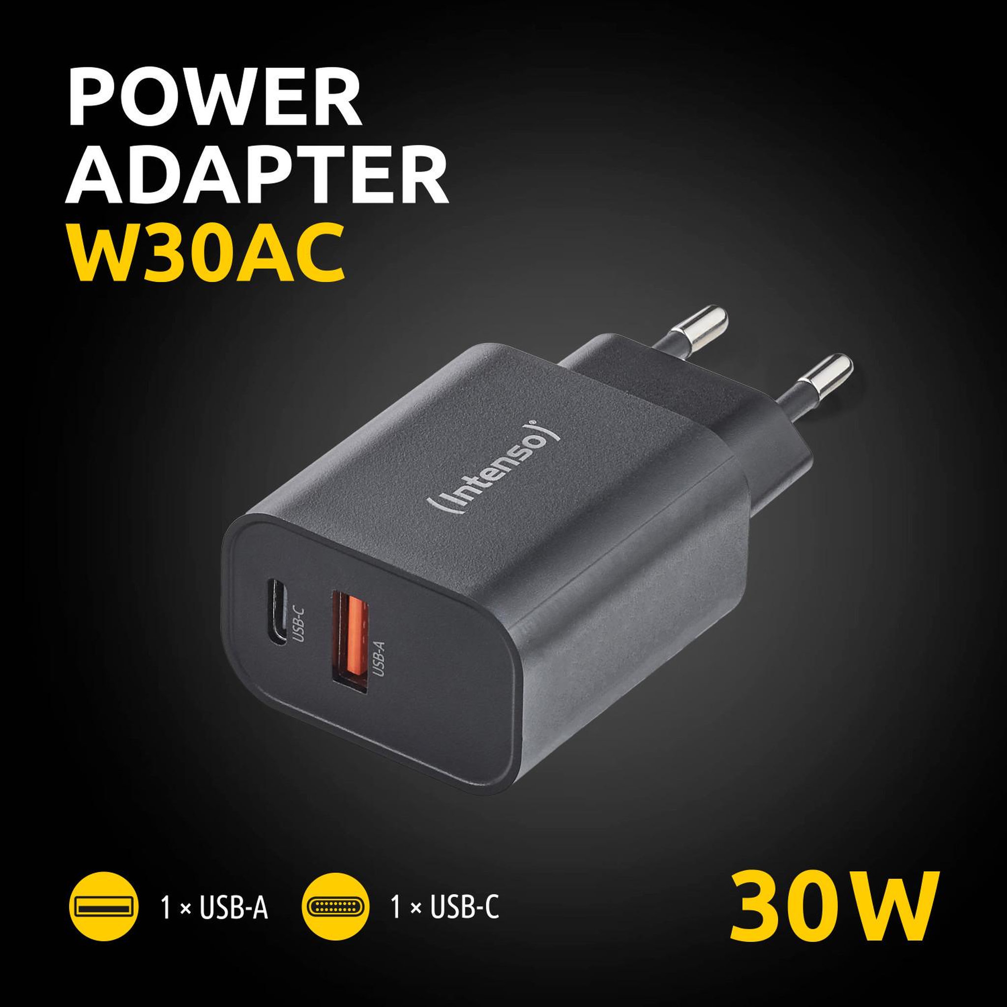 Voir la diapositive 3 : Intenso Intenso adaptateur secteur w30ac, 30 w, ports usb-a et usb-c, noir