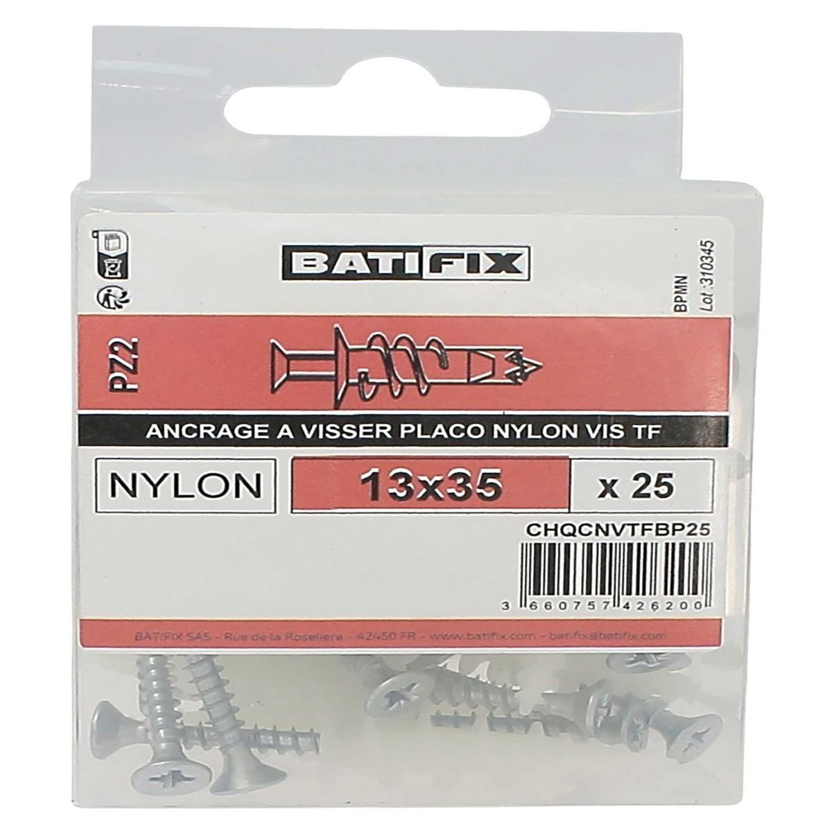 VISWOOD Cheville à Visser Nylon BATIFIX - 13x35 mm x 25 x 25