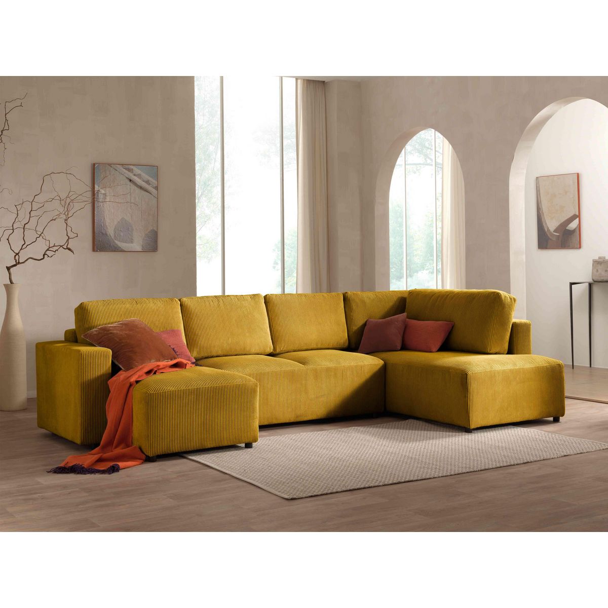 LISA DESIGN Livy - canapé panoramique convertible - avec coffre - en velours côtelé - 7 places - droit