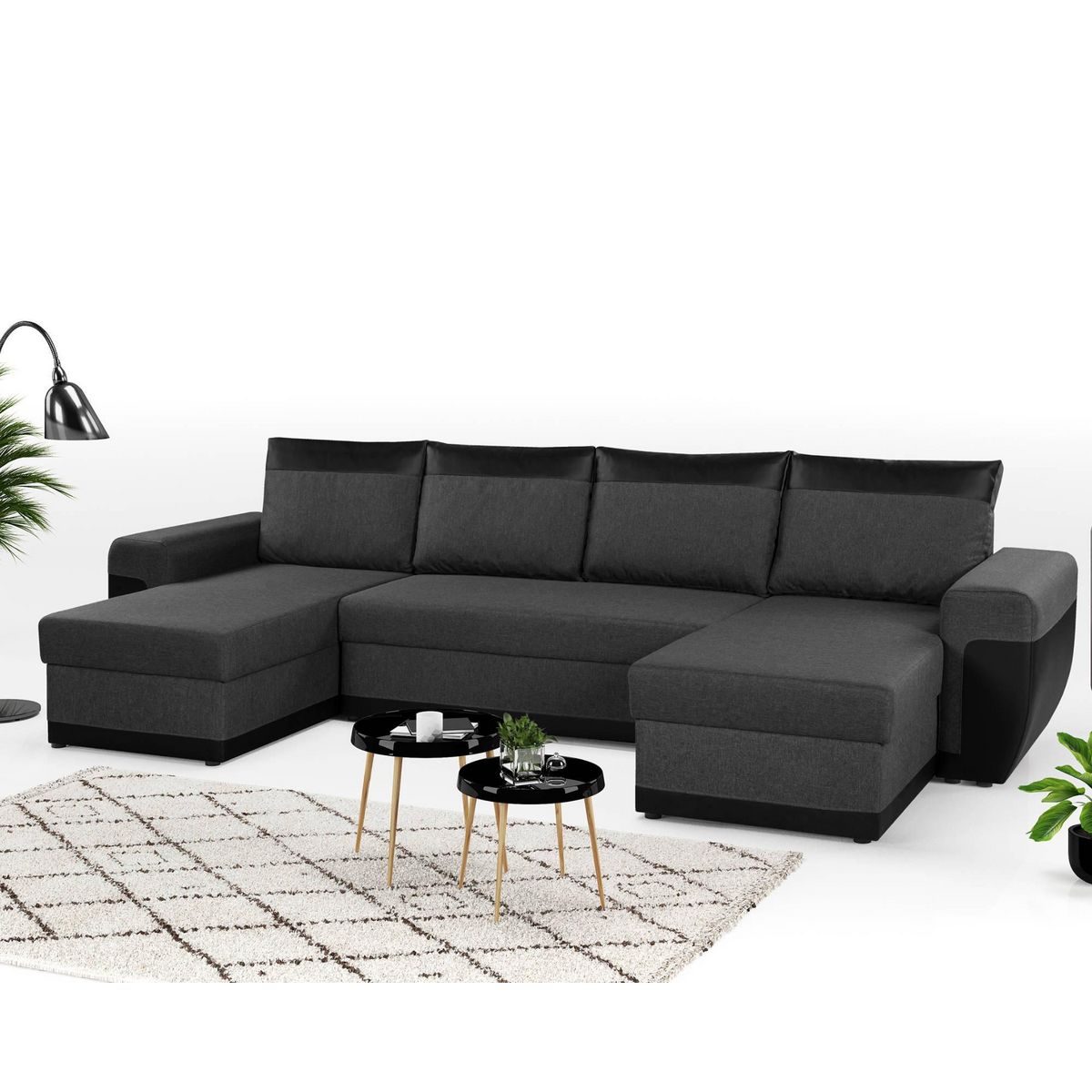 BEST MOBILIER Milan - canapé d'angle panoramique - convertible - 7 places - 2 coffres de rangement