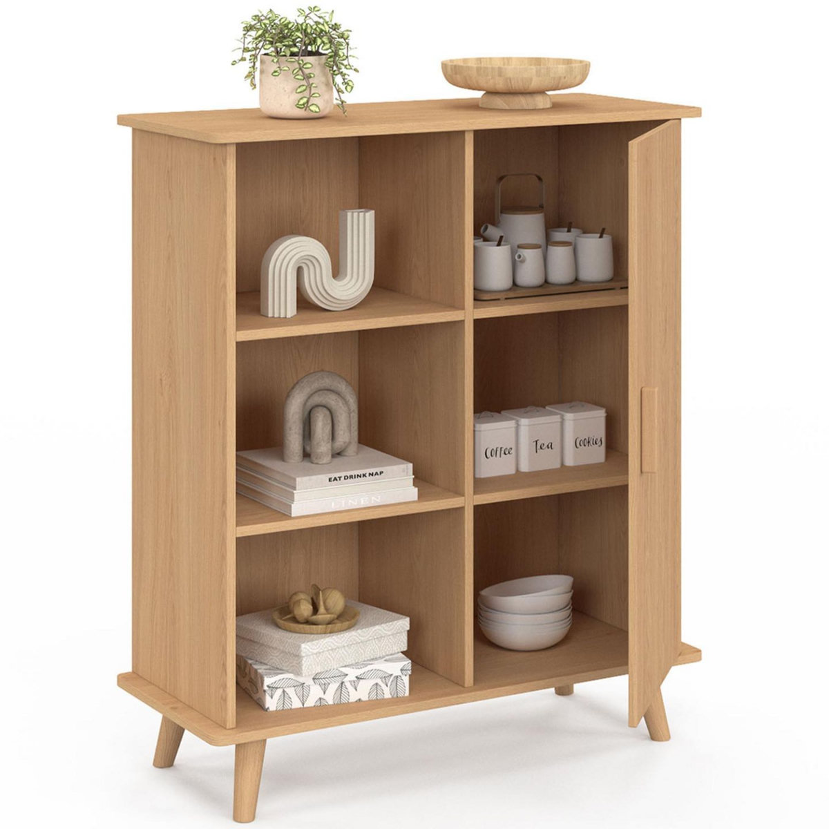 ID MARKET Buffet d'appoint 3 étagères et placard 70 cm JULIETTE effet lattes tasseau bois