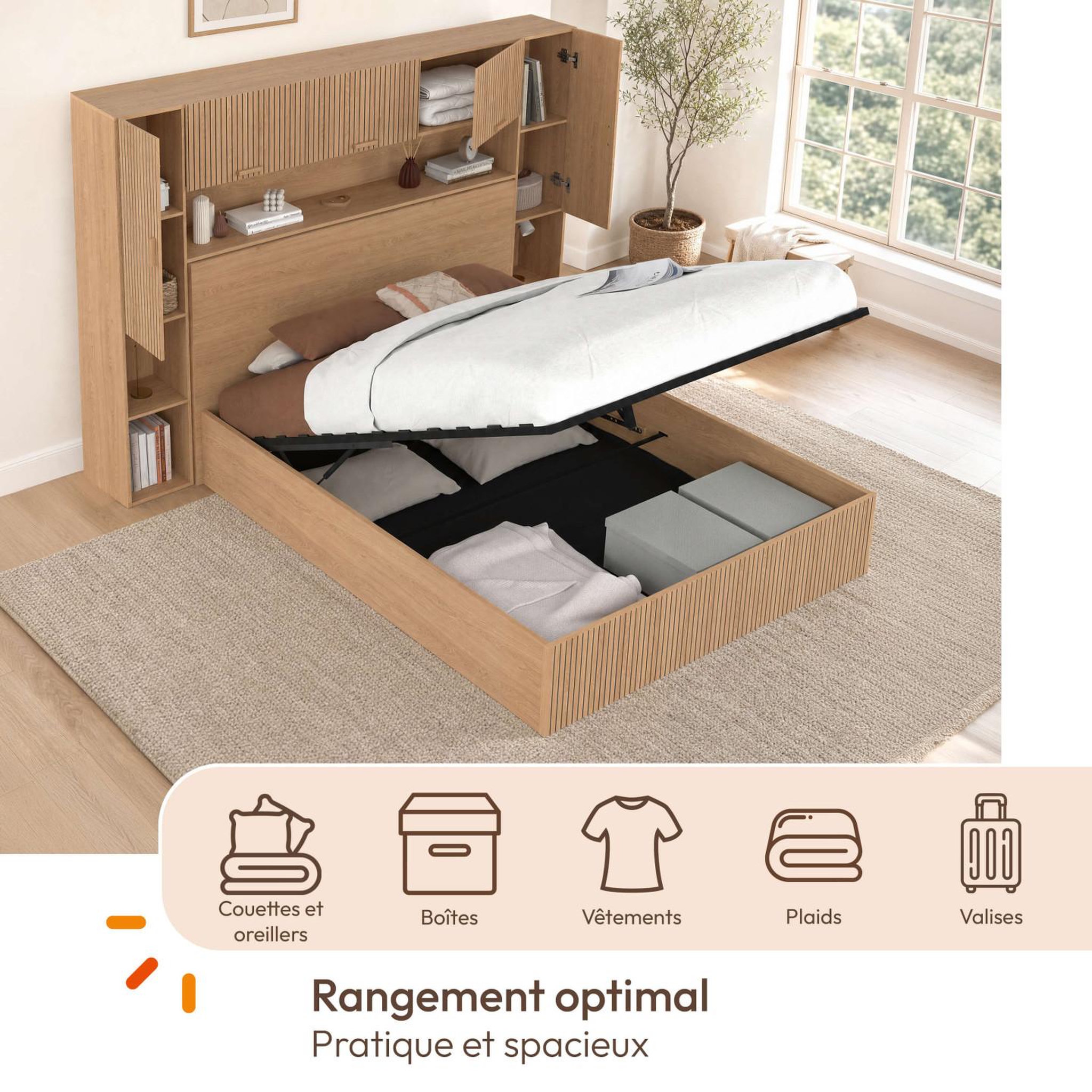 Voir la diapositive 6 : ID MARKET Lit pont coffre double JULIETTE armoire avec rangements et sommier 140 x 190 cm effet lattes tasseau de bois