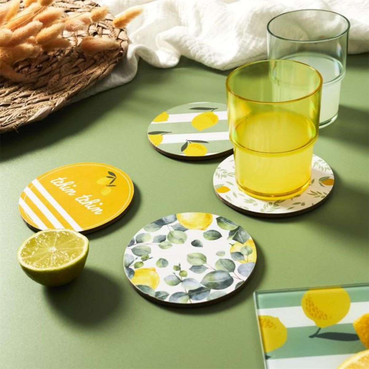 Paris Prix Lot de 4 Dessous de Verre  Bain de Soleil  10cm Vert & Jaune