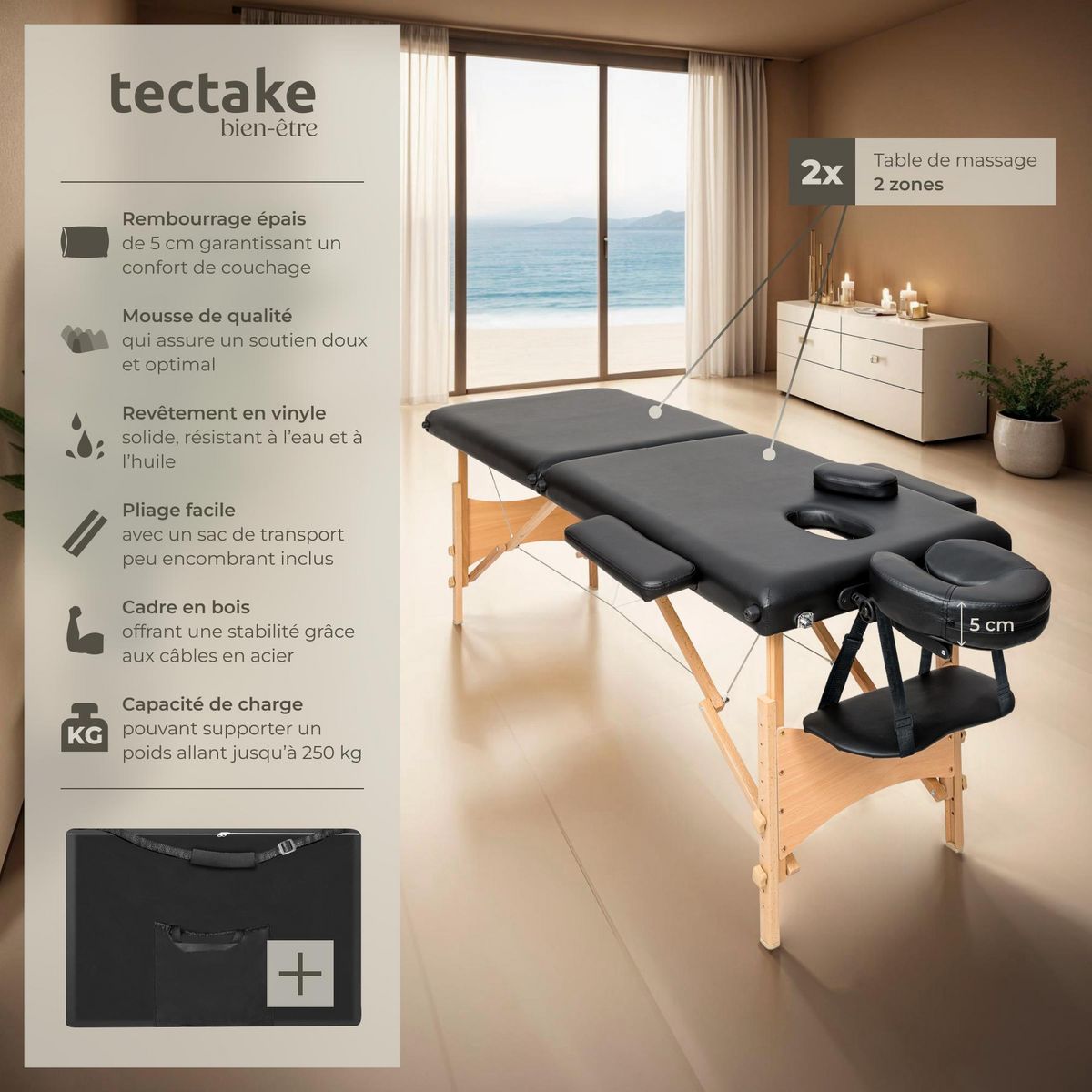 tectake Table de massage portable pliante 2 zones largeur 61 cm et rembourrage 5 cm noir