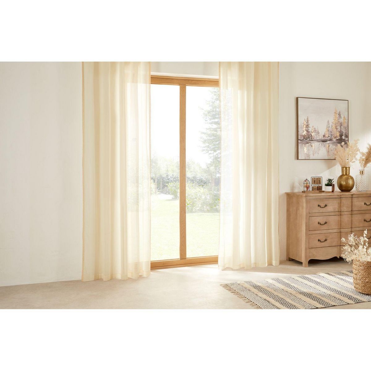 ATMOSPHERA Voilage en coton avec biais en dentelle LITTLE COTTAGE - 140 x 240 cm - Ecru
