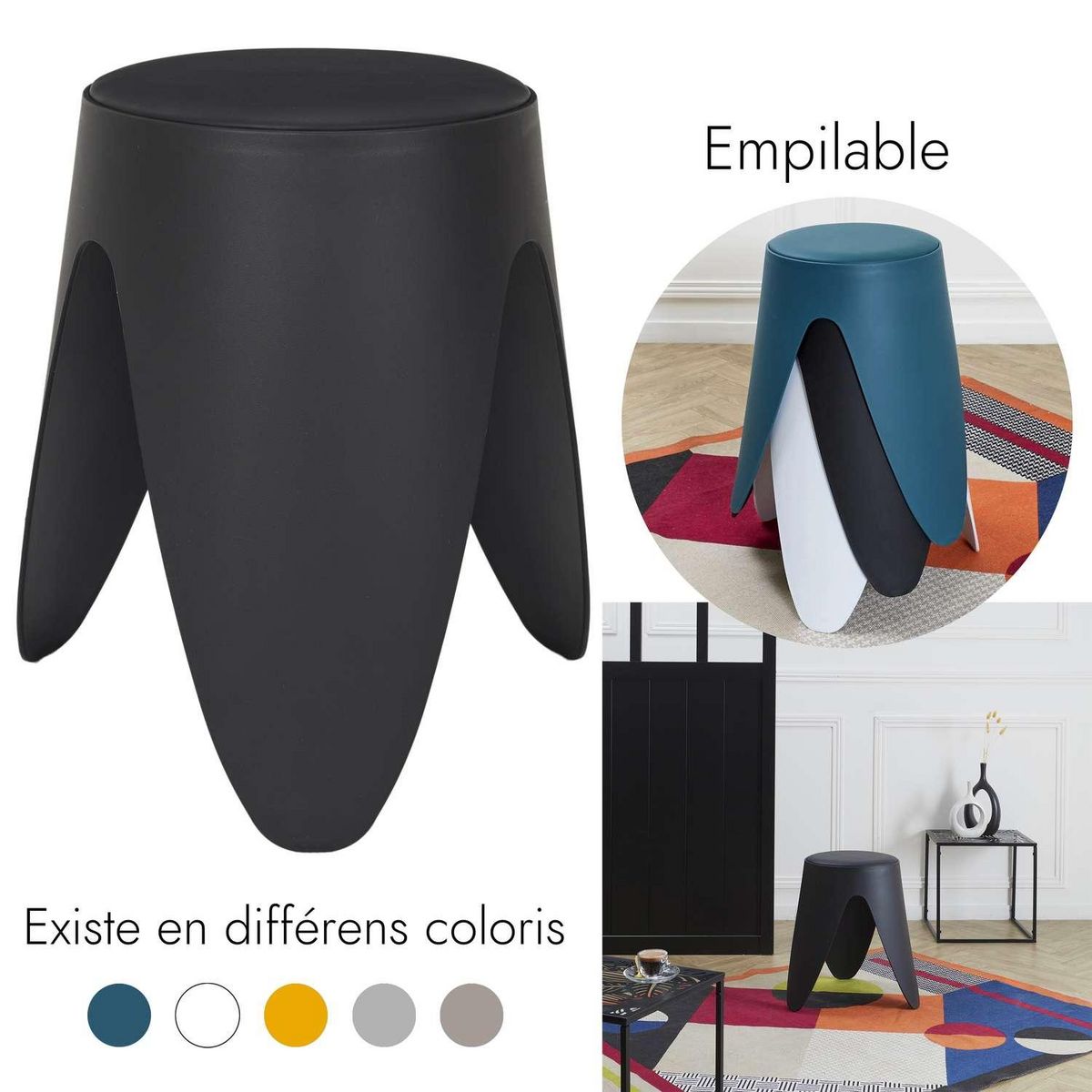 The Home Deco Factory Tabouret d'appoint empilable Emma - Noir