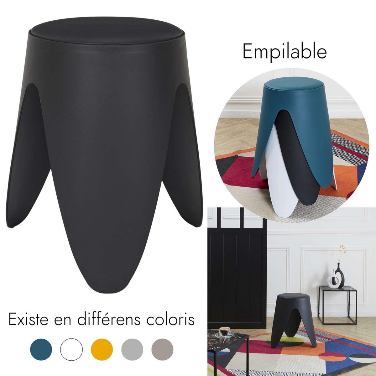 The Home Deco Factory Tabouret d'appoint empilable Emma - Noir