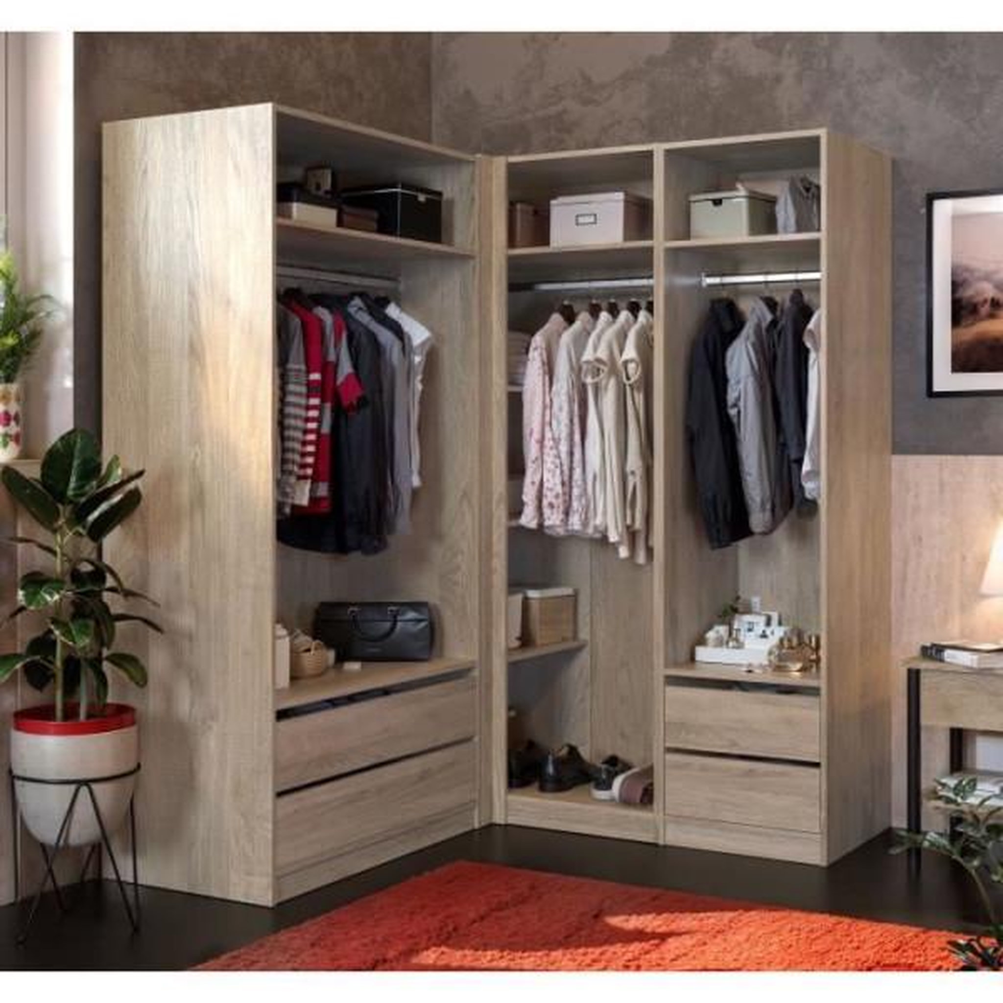 Voir la diapositive 3 : MARKET24 Module dressing d'angle - Décor chene - 3 étageres - 1 tringle a vetements - L100 x P66 x H200 cm