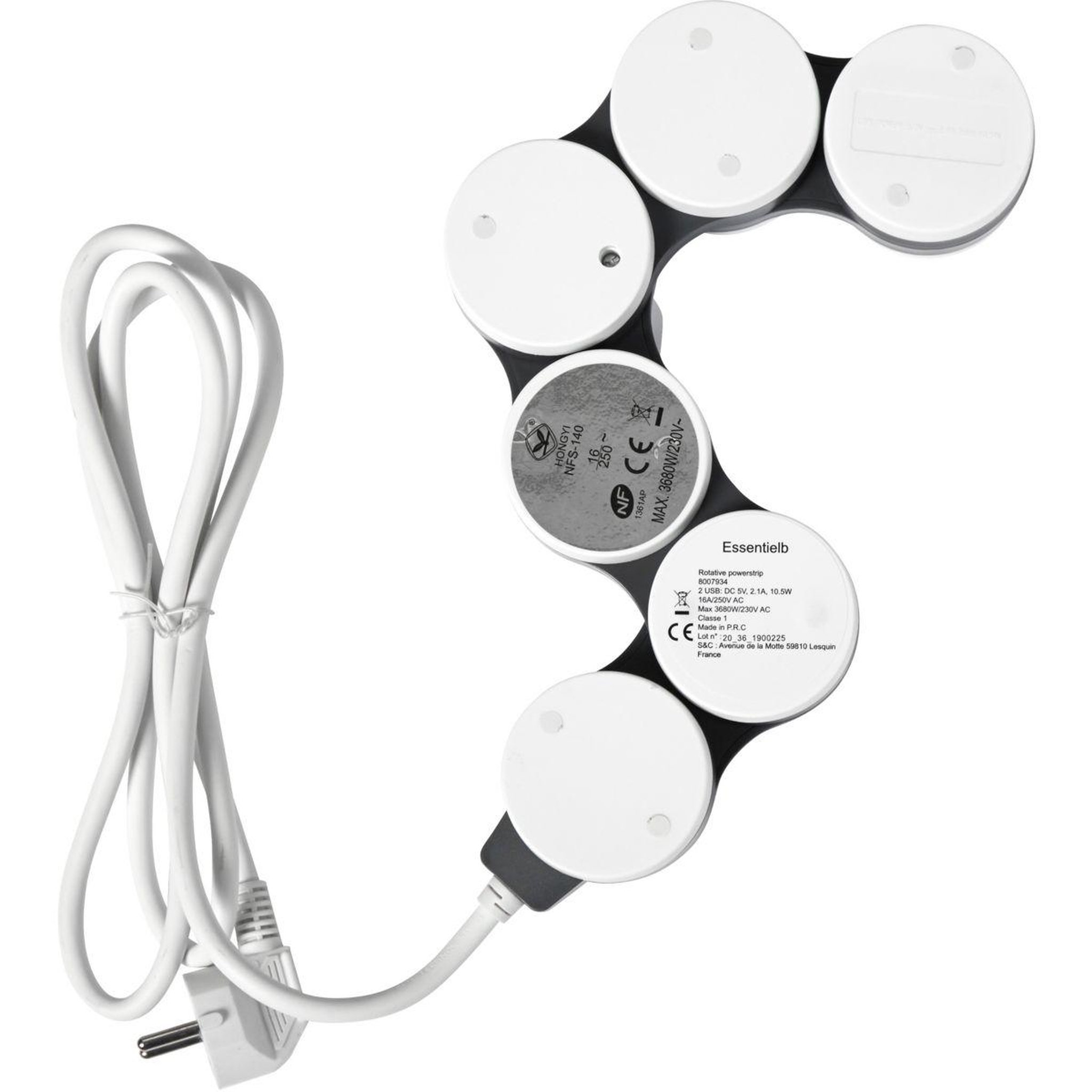 Voir la diapositive 3 : ESSENTIEL B Multiprise rotative 4 prises + 2 usb