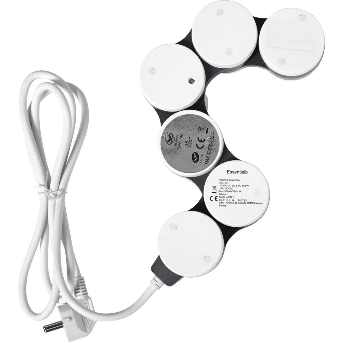 ESSENTIEL B Multiprise rotative 4 prises + 2 USB