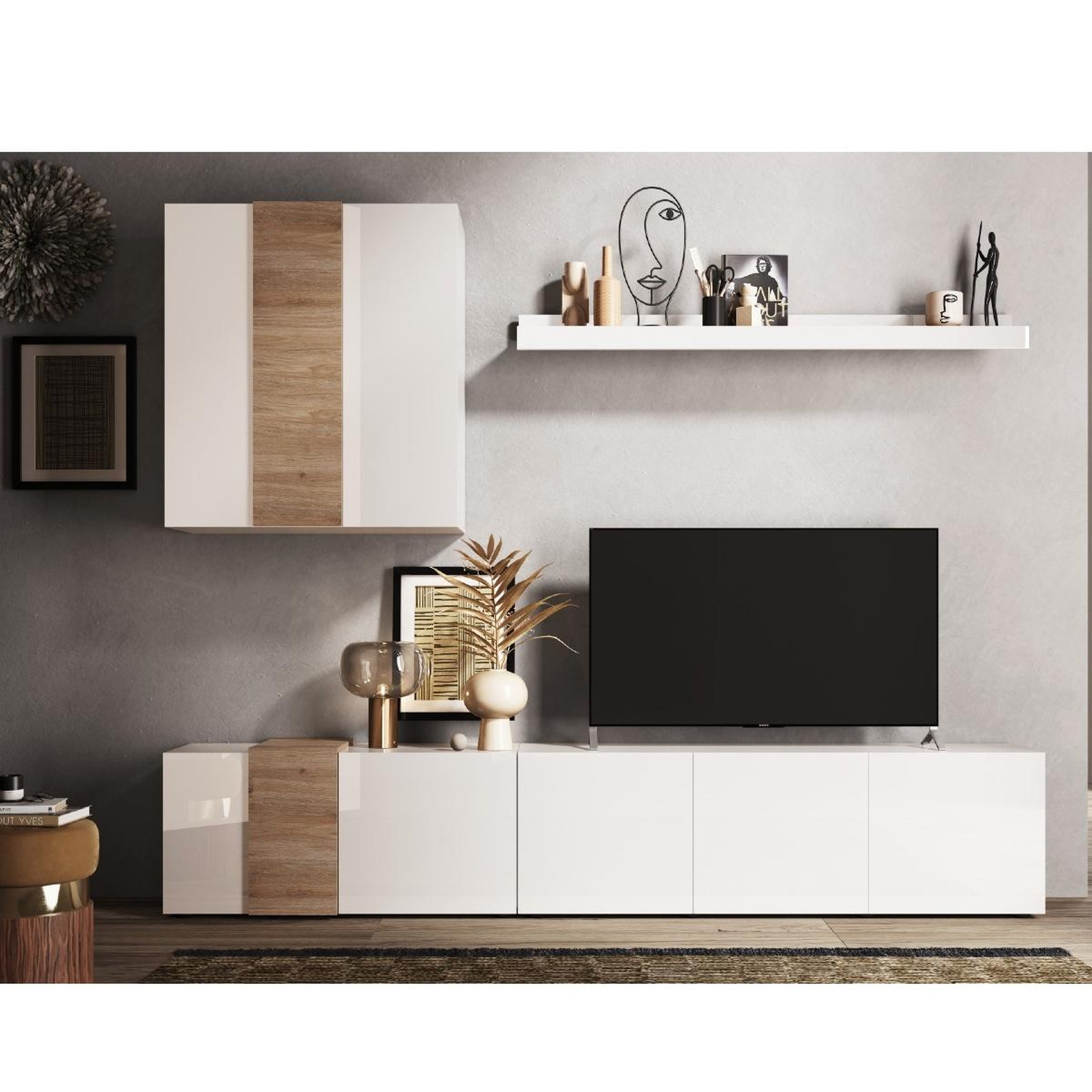 Voir la diapositive 2 : JLC KREATION Ensemble tv mural moderne bois et blanc 300cm sia