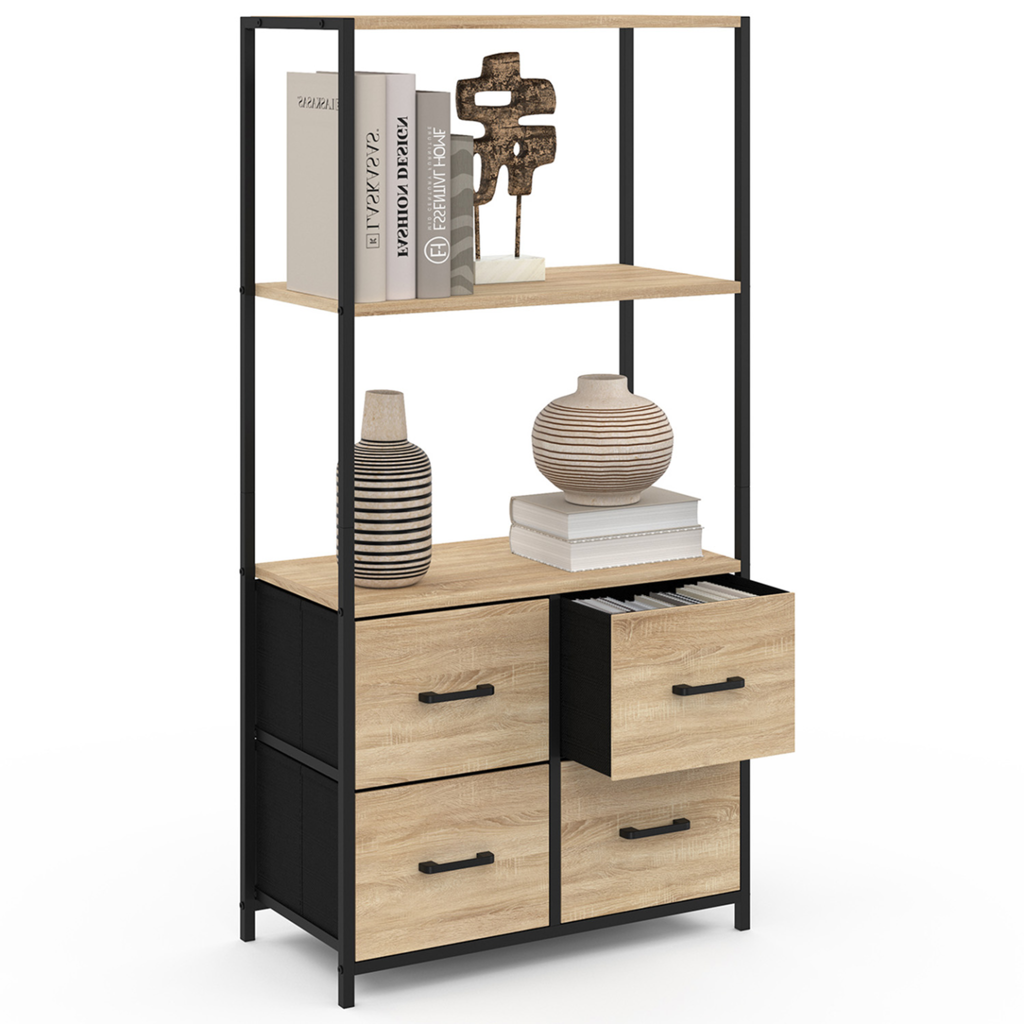 ID MARKET Etagère 3 niveaux avec 4 tiroirs en tissu utah 120 cm meuble de rangement design industriel