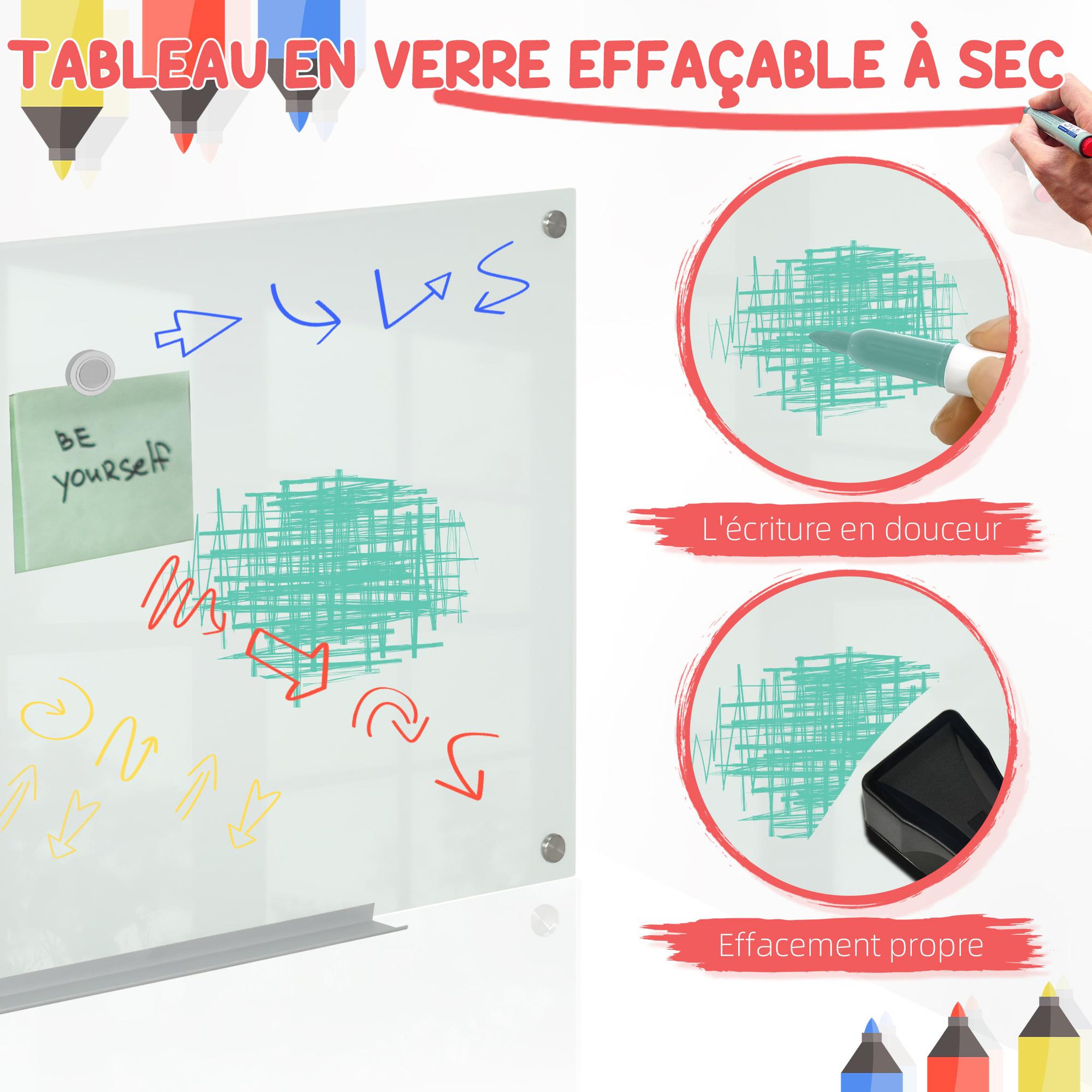 Voir la diapositive 4 : VINSETTO Tableau magnétique en verre dim. 90l x 60l cm - gouttière alu, matériel de fixation et accessoires inclus - blanc mat