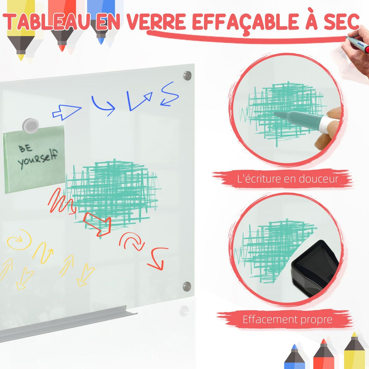 VINSETTO Tableau magnétique en verre dim. 90L x 60l cm - gouttière alu, matériel de fixation et accessoires inclus - blanc mat