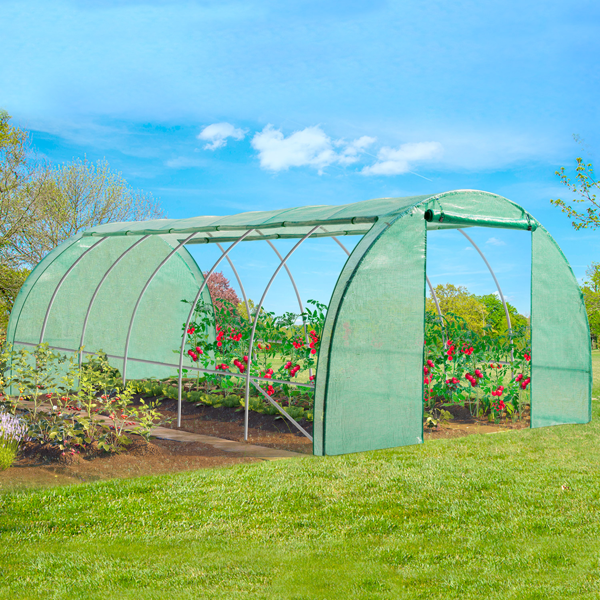 Voir la diapositive 2 : ID MARKET Serre de jardin tunnel 18m² 6 x 3 x 2 m acier galvanisé + bâche anti-uv avec porte et fenêtres crimée verte toutes saisons