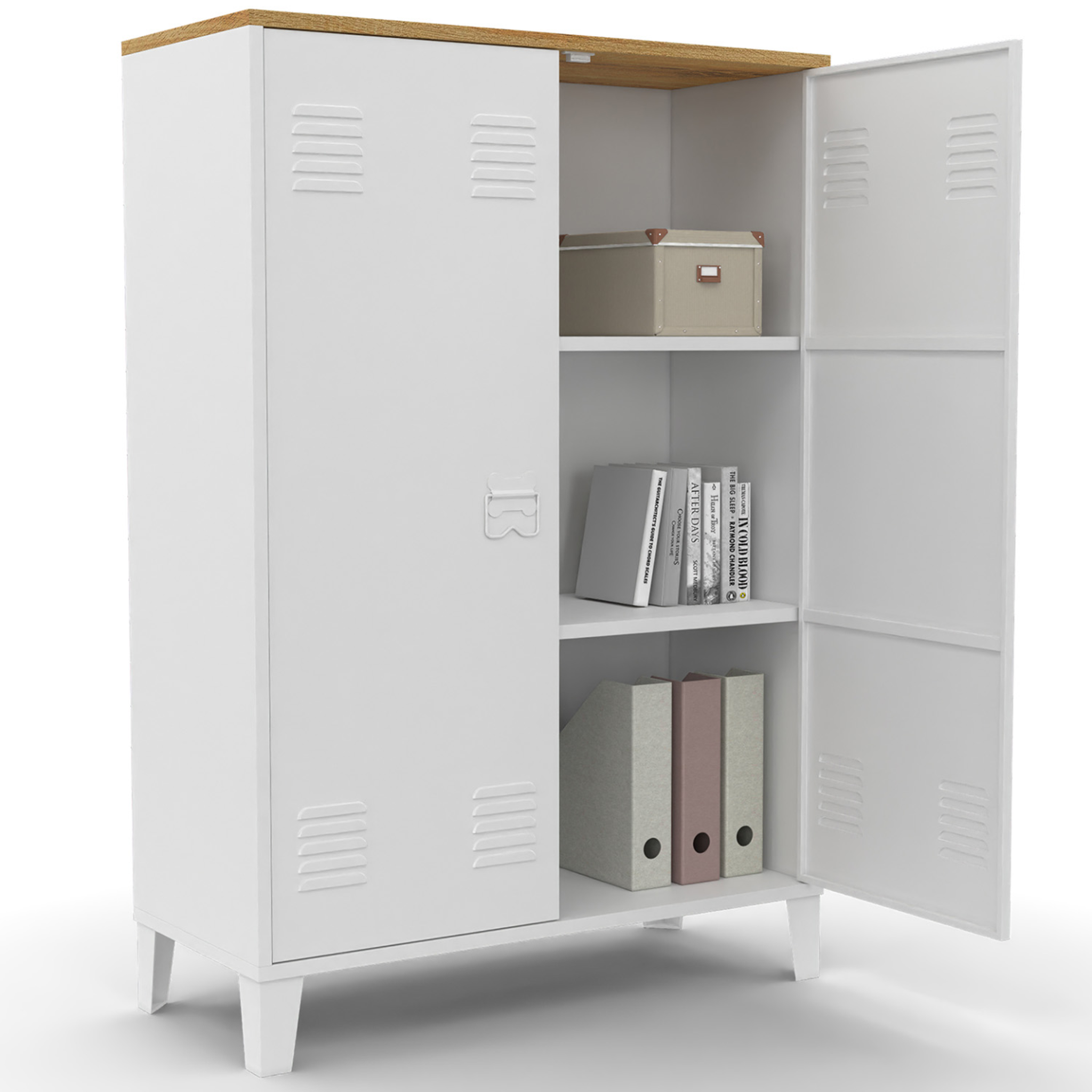 ID MARKET Armoire basse ester 2 portes métal blanc et plateau bois design industriel