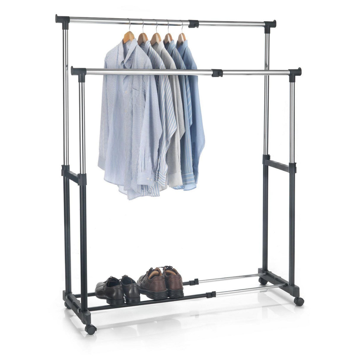 IDIMEX Portant à vêtements CASA en métal chromé et noir, penderie double sur roulettes avec 2 barres hauteur et longueur réglables