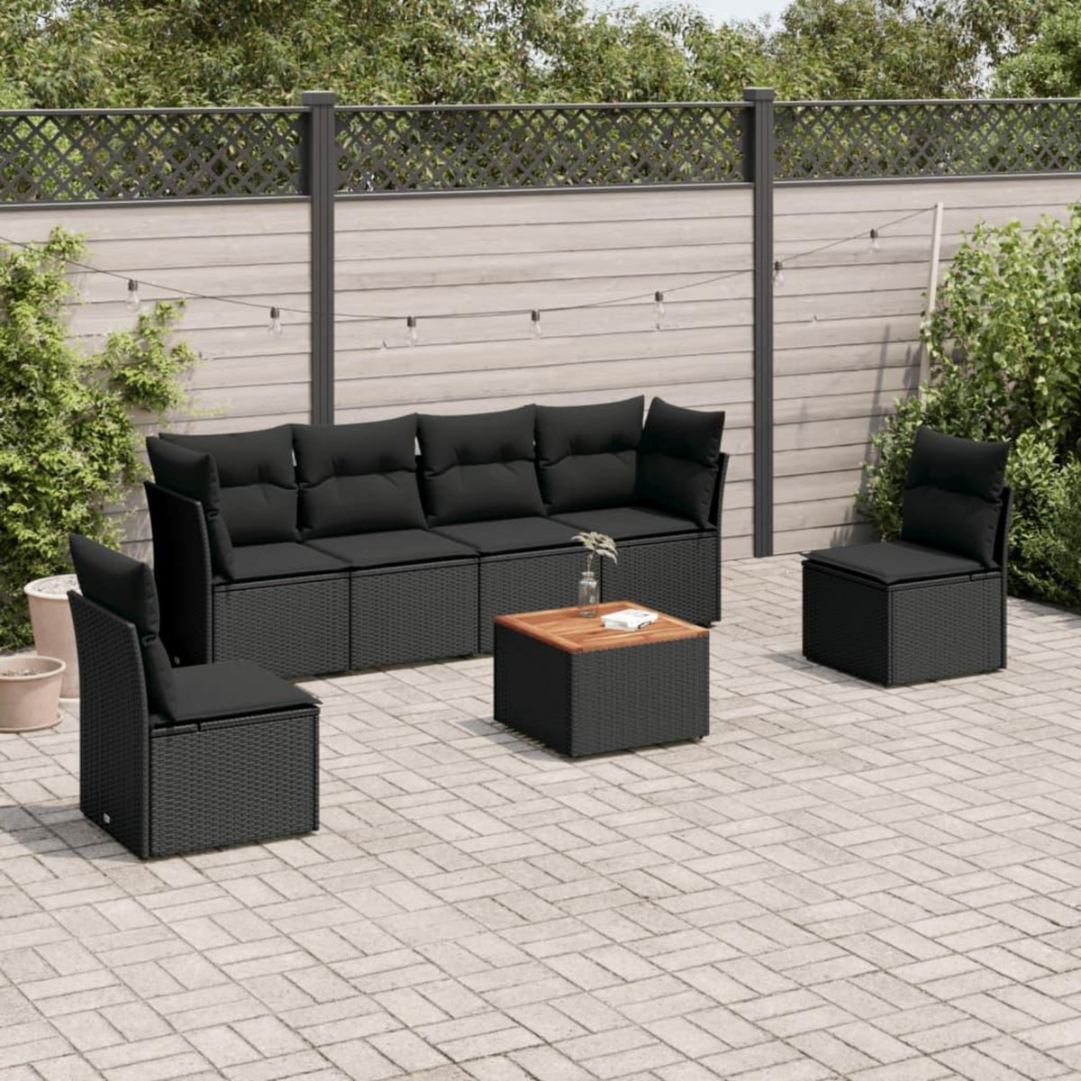VIDAXL Salon de jardin 7 pcs avec coussins noir resine tressee